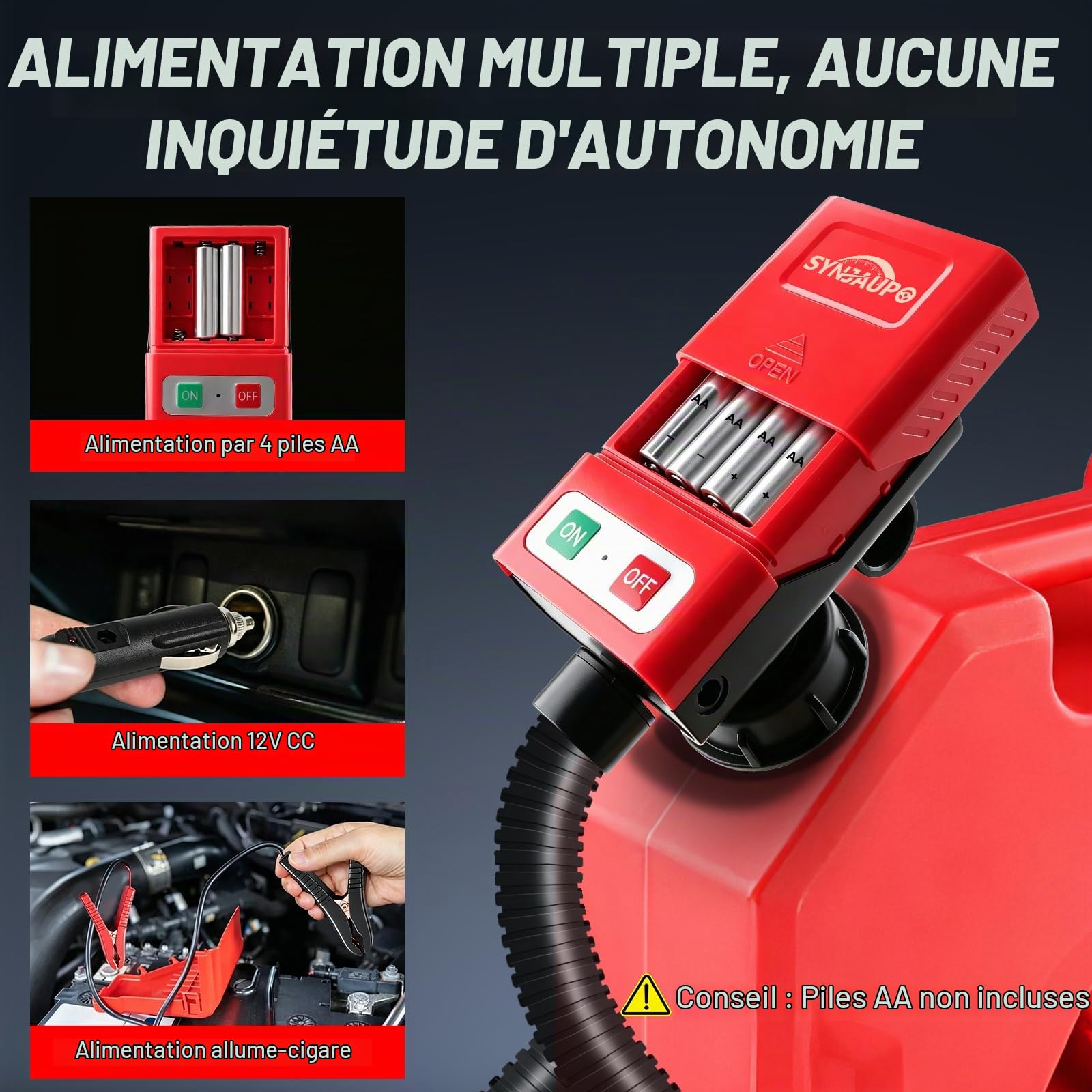 Pompe de Transfert de Carburant Électrique, 3.2 GPM (12 L/min) | Capteur d'arrêt Automatique,Tuyau 1.3m,4 Adaptateurs,Rechargeable,Tête de pompe de 28 mm,3 Options D'Alimentation Électrique