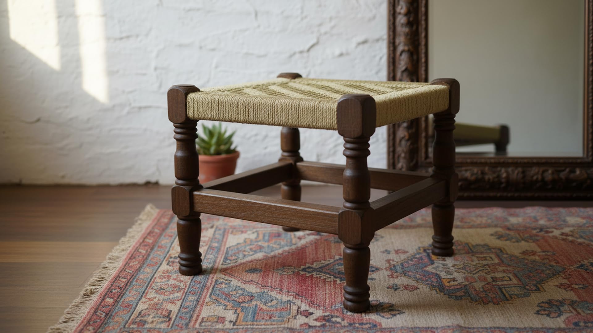 Handmade Wooden Jute Woven Rup Stool,Manjhi Wooden Small Decorative Chowki Handicrafts Gift Item Home & Living Room Square Decorative Chowki, 41x41x36 cm, Brown, Vintage Style-image-46