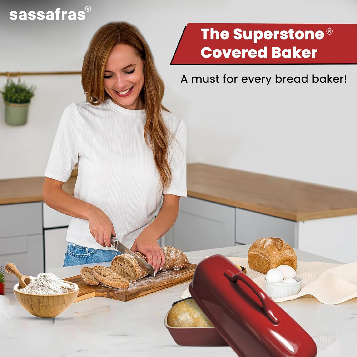 Sassafras Superstone® Covered Bread Baker with Lid - Red Glazed Exterior and Unglazed Interior Stoneware Bakeware - Bakes an Artisan Italian Bread with Crusty Crust and a Light Crumb