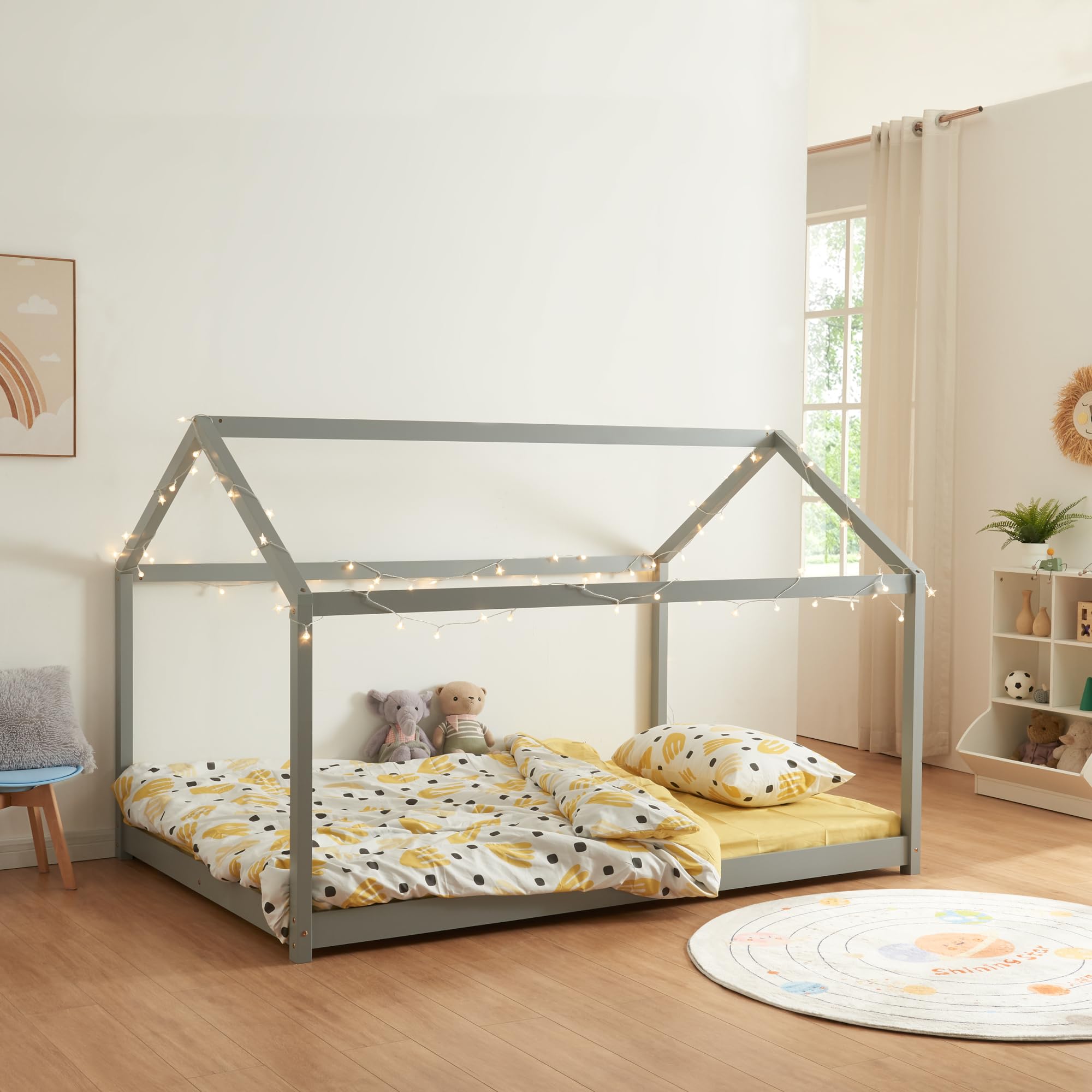 [en.​casa] Lit Cabane pour Enfant avec Sommier à Lattes Lit en Forme de Maison sans Matelas Capacité de Charge 140 kg Bois de Pin Contreplaqué 120 x 200 cm Gris