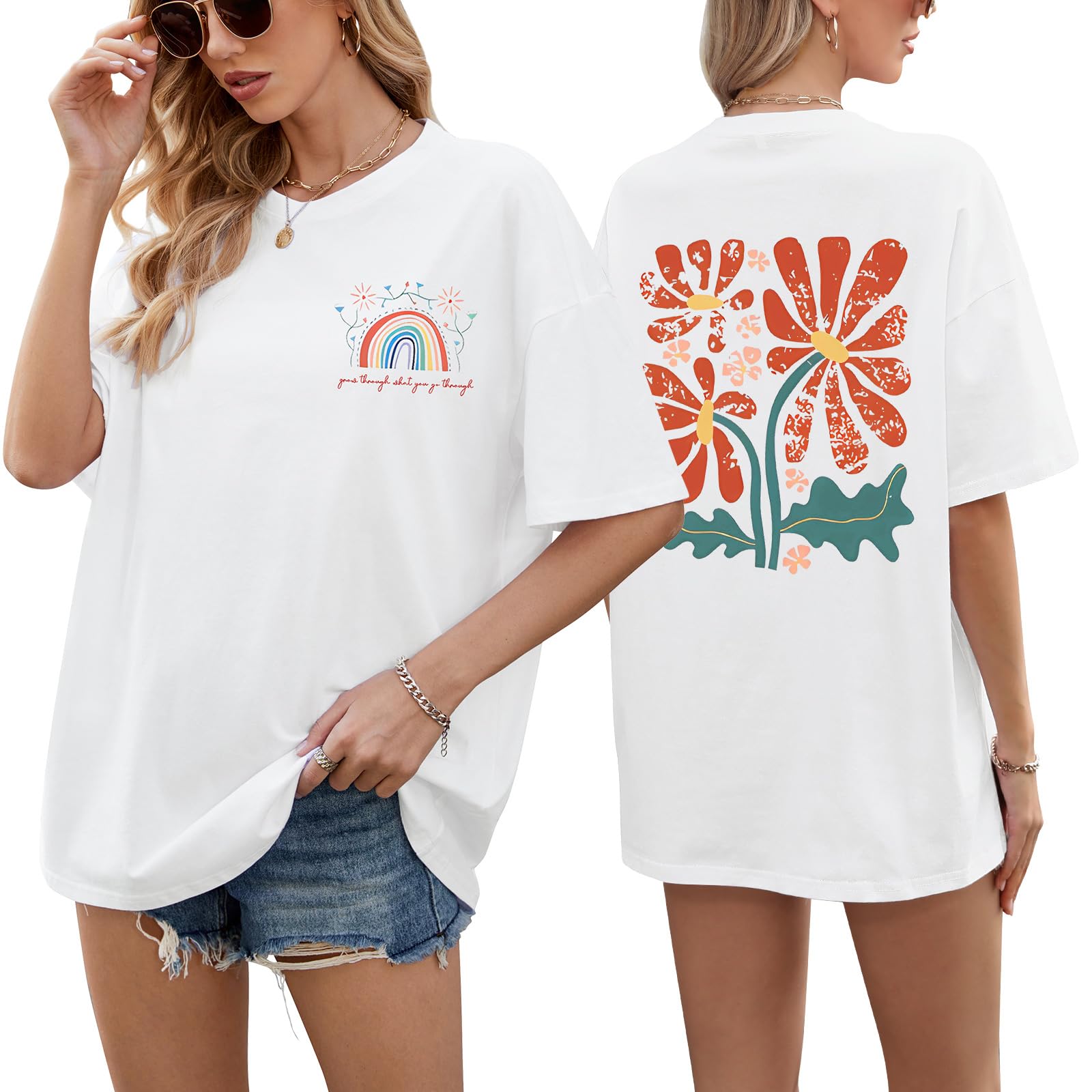 heekpek Oversize Tshirt Damen Baumwolle Rundhals Kurzarm T-Shirt Locker Atmungsaktives Sommeroberteile Lässige Basic T Shirt für Teenager Mädchen mit Regenbogen und Blumendruck