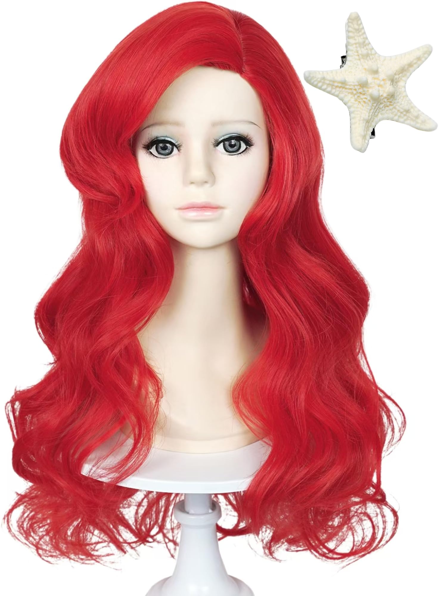 Red Mermaid Costume Wig and Starfish Hairclip 21'' Long Curly Vibrant Red Wave Cosplay Wigs for Halloween Party