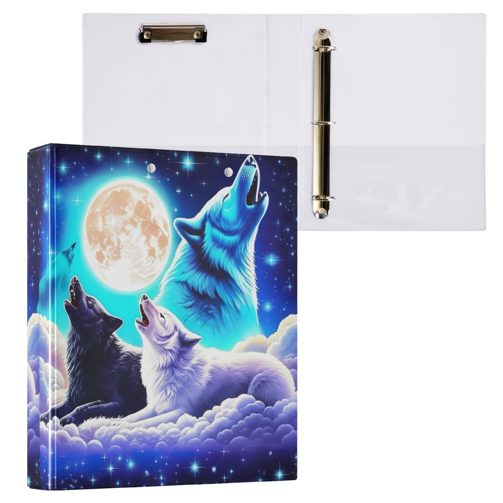 Confezione da 2 raccoglitori ad anelli Galaxy Cool Wolf, blu e viola, con portablocco a D, grandi raccoglitori a 3 anelli, per scuola, università, ufficio