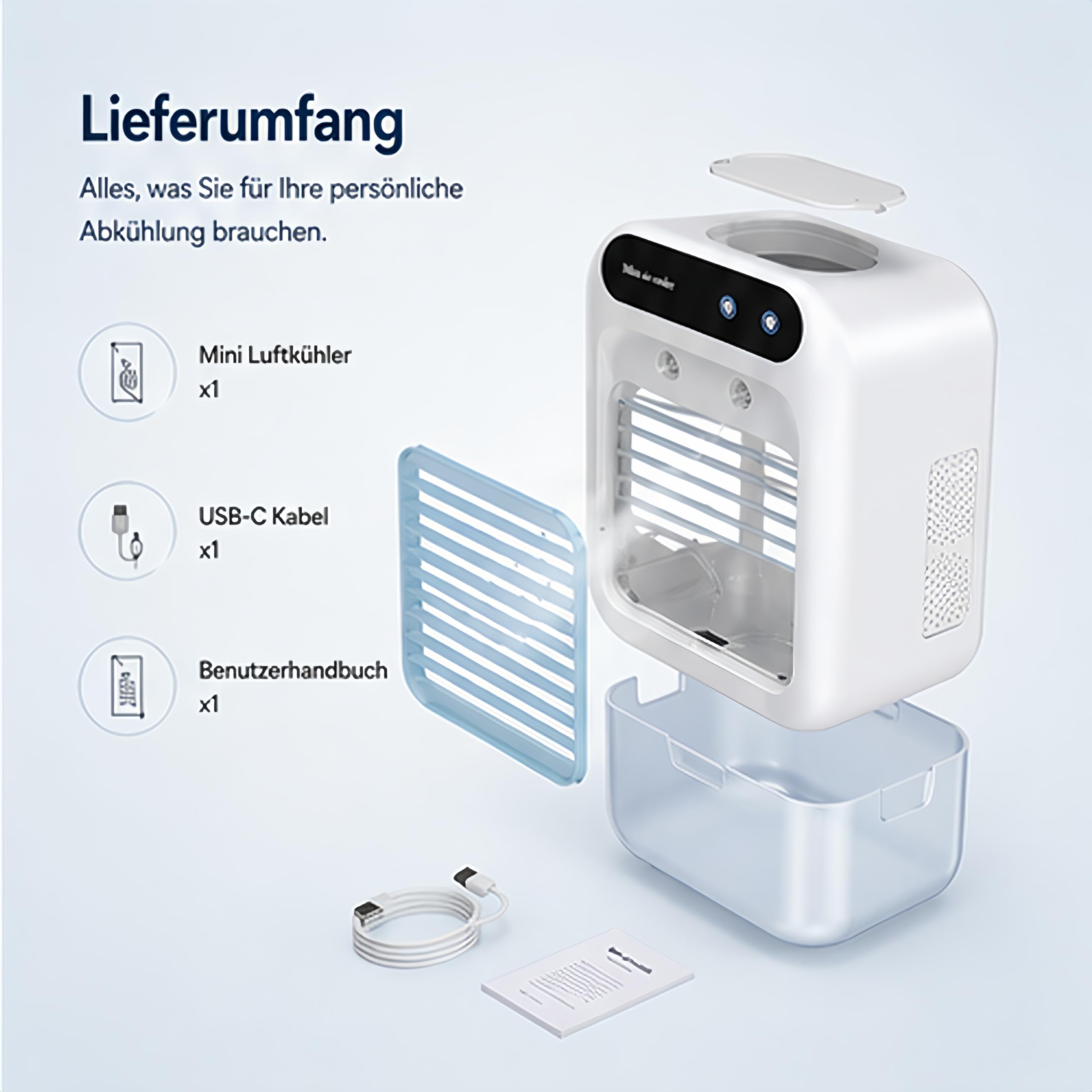 Mobile Klimaanlage、leise Tragbare Klimaanlage、500ml-Luftkühler、2 Geschwindigkeitsstufen、2 Nebelmodi、Mini klimaanlage geeignet für Schlafzimmer und Büro(Weiß)