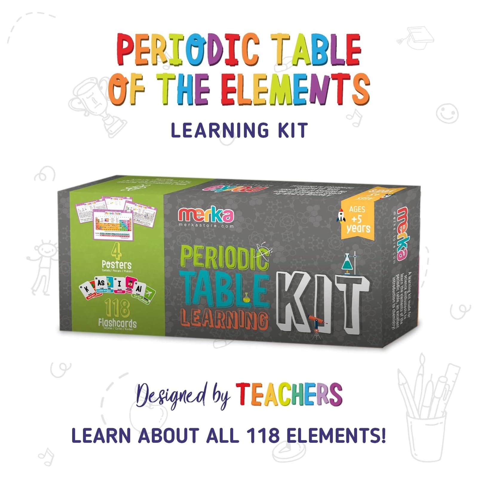 merka Toddlers Learning Kit, Learning Periodic Table, Chemistry and Science, Educational Toys Set with 4 Posters, 118 Flashcards, Practice Book with Exercises and Puzzles, Preschool Homeschool Kit - Image 2