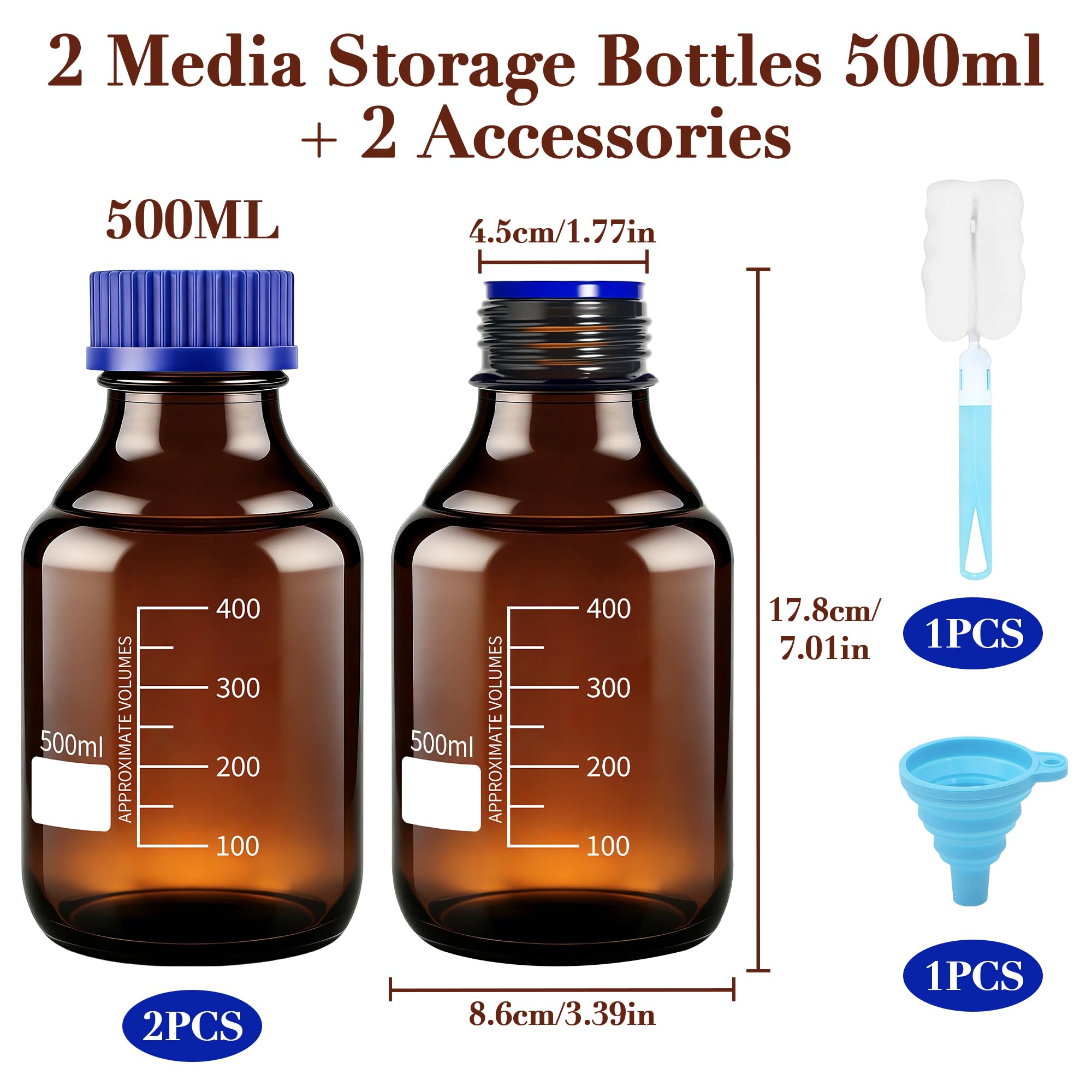 Zestaw 2 butelek do przechowywania odczynników o pojemności 500 ml, ze szczotką piankową, lejek z bursztynu, z zakrętką GL45, ochrona przed światłem, butelka laboratoryjna szklana do