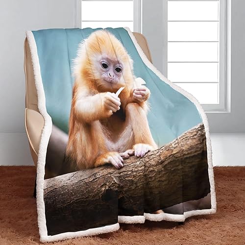 Miniatura 2 de XSMEI Manta Sherpa de mono dorado, manta de forro polar con estampado animal para sofá cama, súper suave, cálida y ligera, 50 x 60 pulgadas
