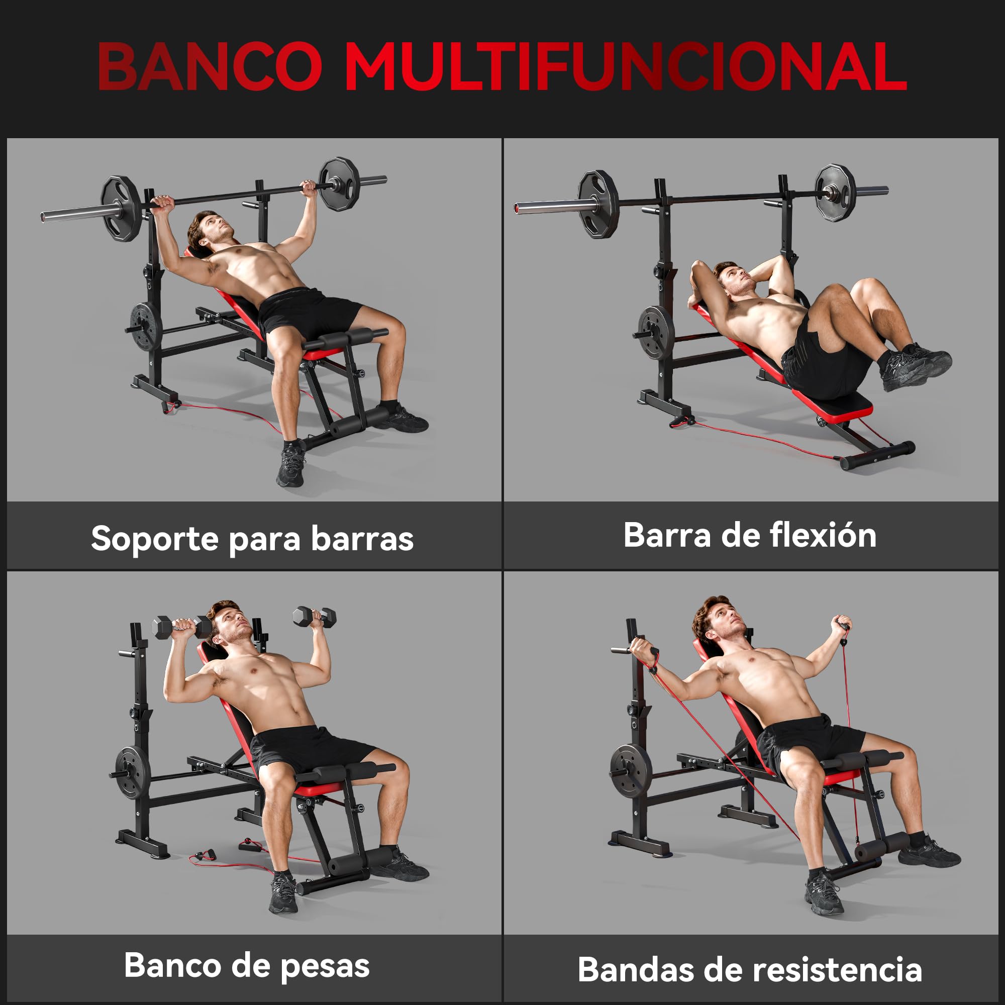 SPORTNOW Banco de Musculación Multifuncional, Carga 300 kg, Banco de Pesas Inclinable con Soporte para Barras Ajustable, Asiento y Respaldo Regulable, para Entrenamiento Completo en Casa Gimnasio