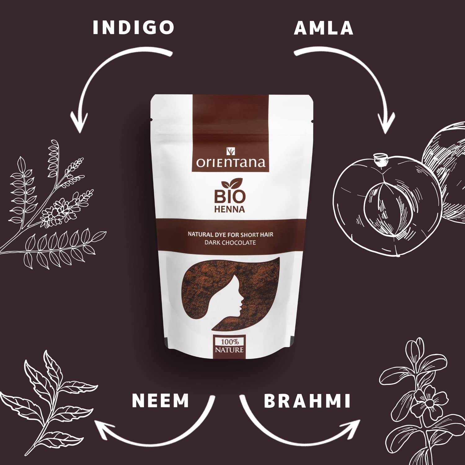 Orientana BIO HENNA Gorzka czekolada do średnich i krótkich włosów – 100% wegańska, 100% ziół, trwale farbuje włosy, nadaje im połysk i objętość, nadaje karmelowy kolor, 50 g