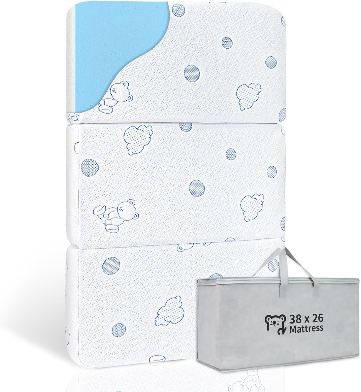 Pack and Play Mattress, 38"x26" Dual-Sided High Resilience Memory Foam Tri-fold Baby Mattress for Pack n Play, Foldable Travel Pack n Play Mattresses Pad with Removable Cover & Carrying Bag