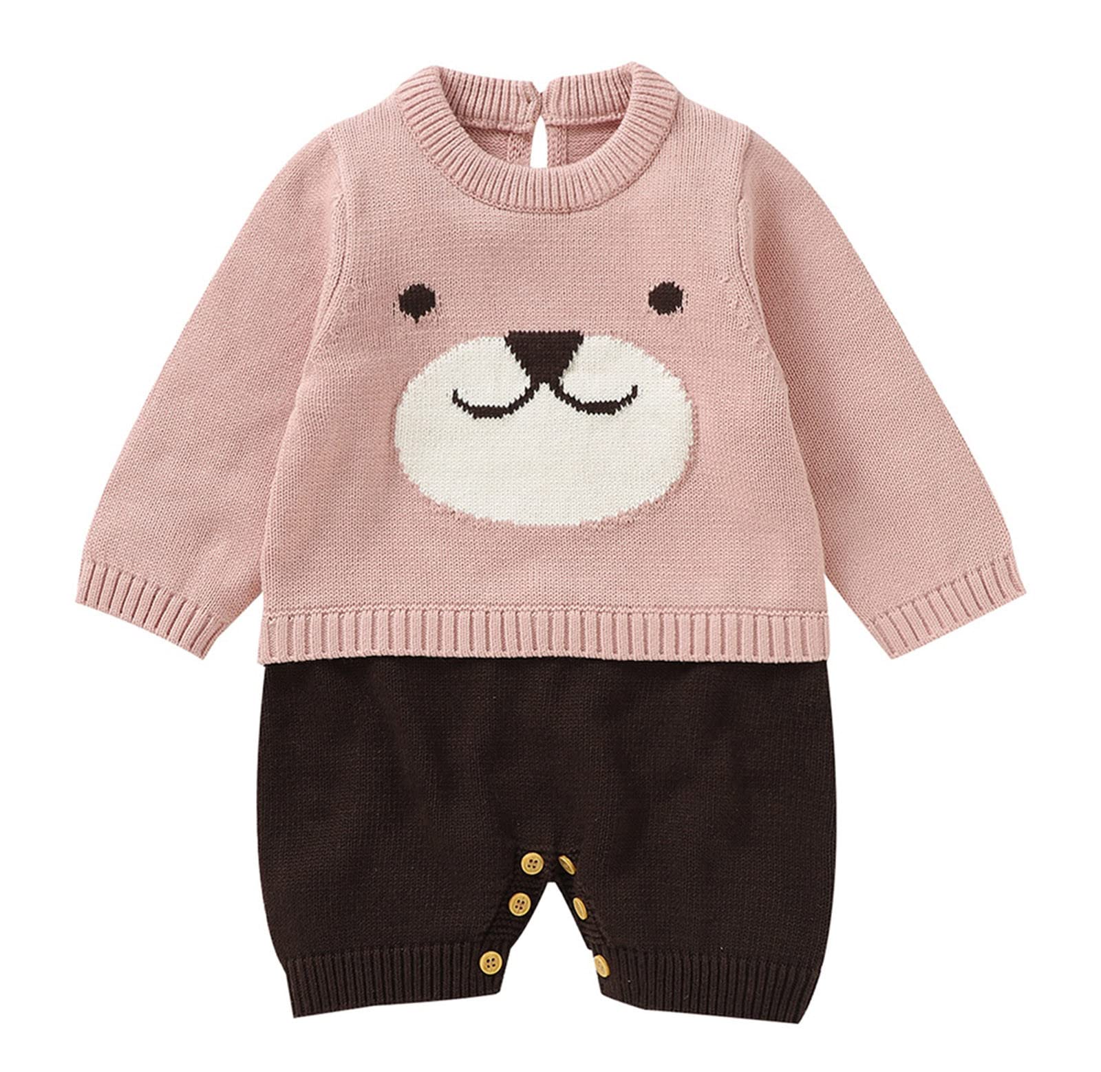 RNTOP Newborn Knit Sweater Romper Baby Boy Girl Crewneck Cute Cartoon Bear Jumpsuit Long Sleeve Warm (Pink, 9-12 Months)