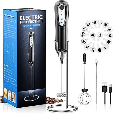XIMU Milk Frother Handheld, USB Rechargeable 3 Speeds Mini Electric Milk Foam Maker Blender Mixer for Coffee, Latte, Cappuccino, Hot Chocolate, Egg Whisks & Stainless Steel Stand Included