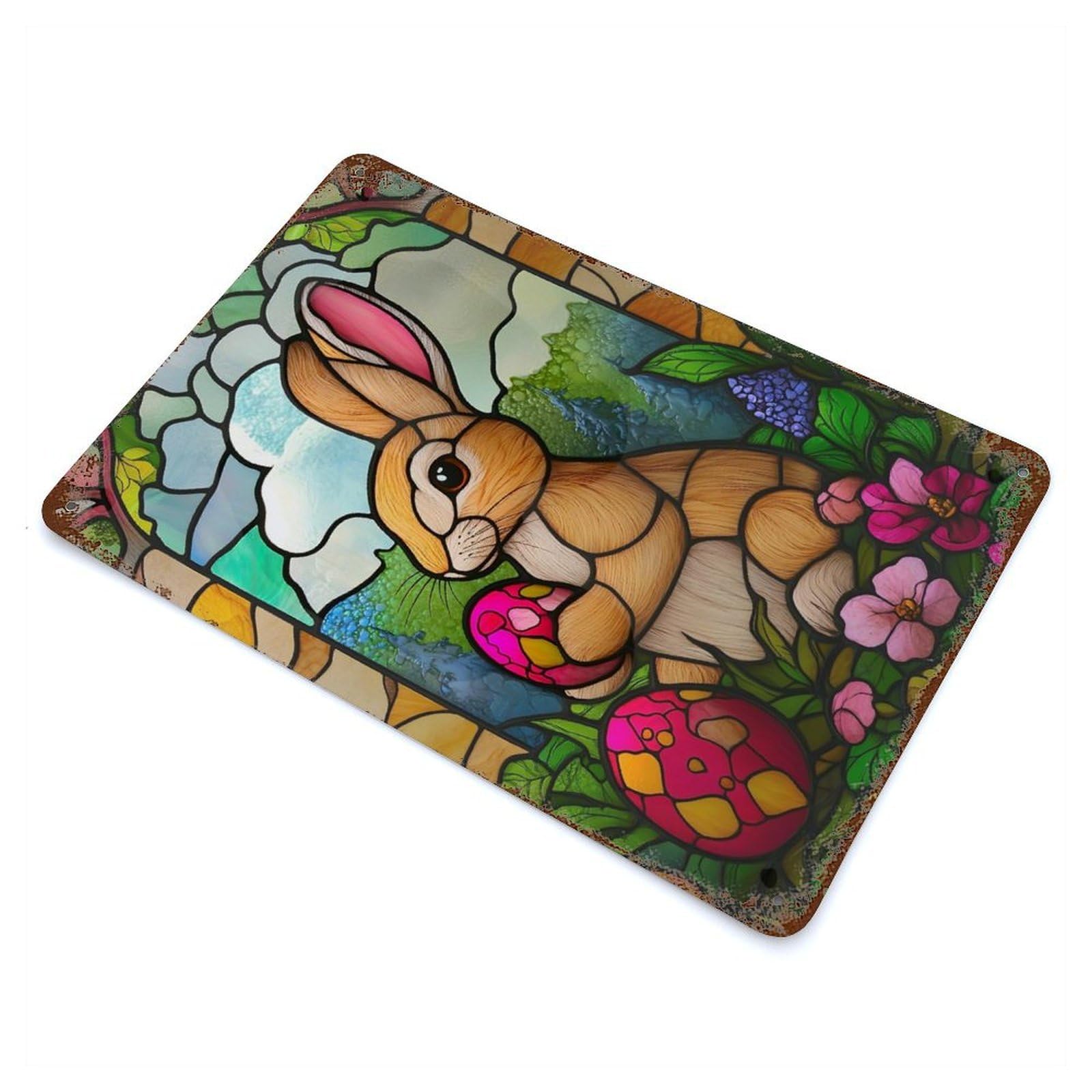 Garage Style Stained Glass Easter Bunny Distressed Metal Wall Sign 11.8"x7.9", Novelty Wall Decor for Bar And Workshop