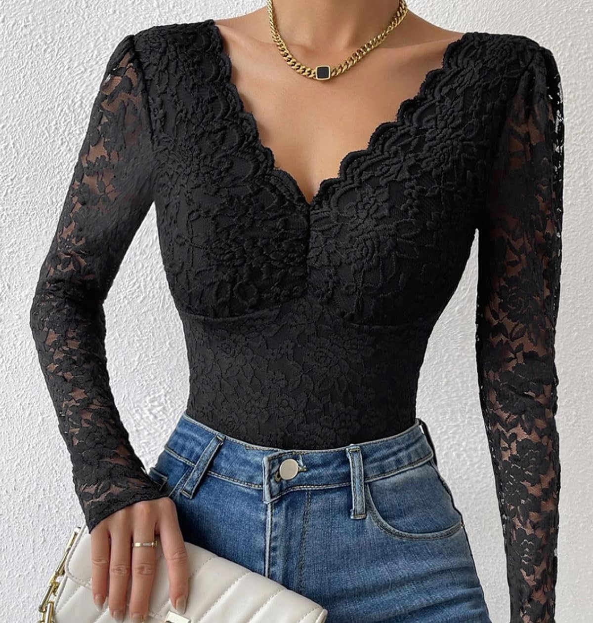 SHEKINI Body de encaje para mujer, lencería sexy, cuello en V, manga larga, body de encaje, leotardo floral transparente, ajuste entallado