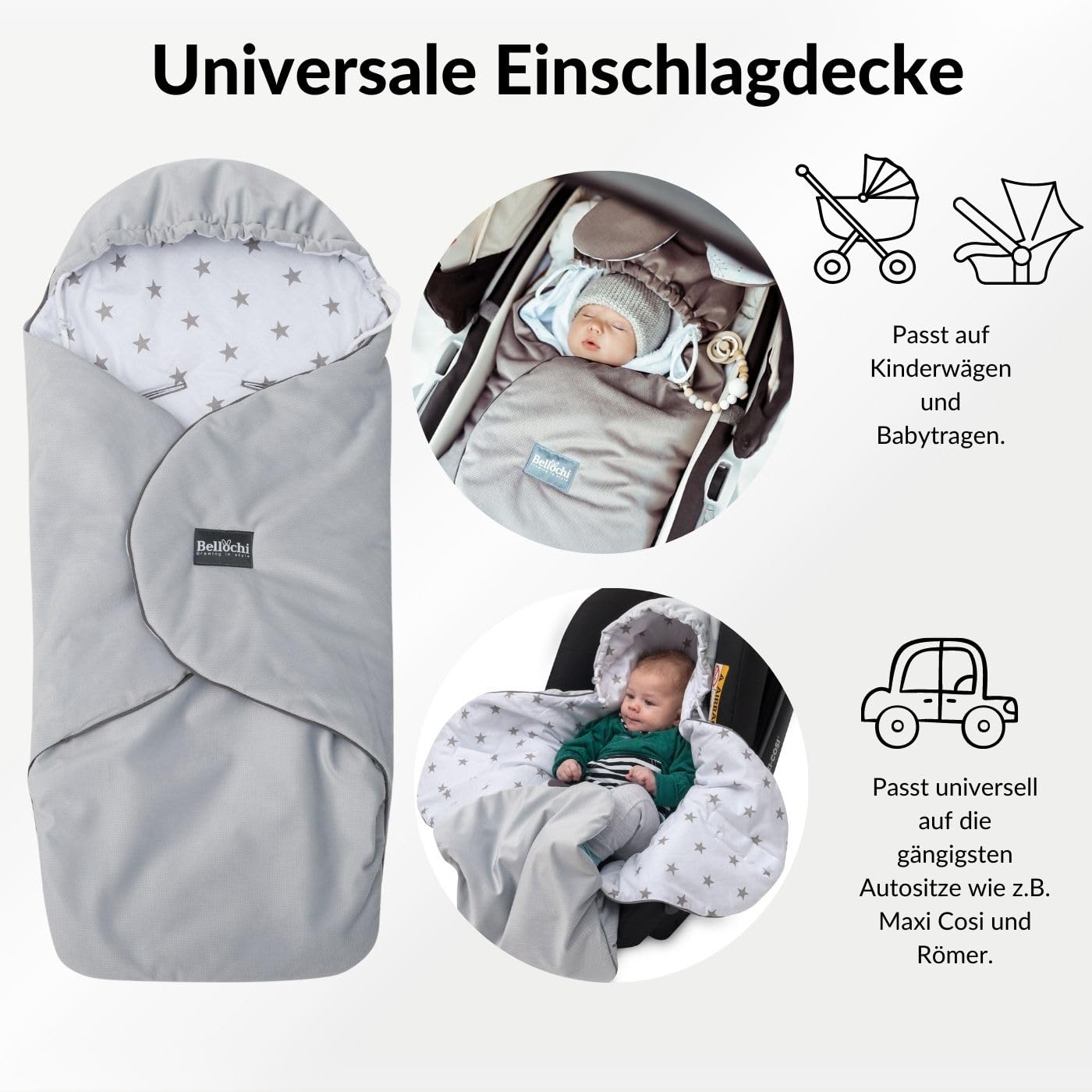 Premium Einschlagdecke Babyschale, Baby Erstausstattung aus Baumwolle für Autositz, Kuscheldecke für Kinderwagen mit Fußsack passend für Maxi-Cosi, Römer, Cybex – Graue Sterne