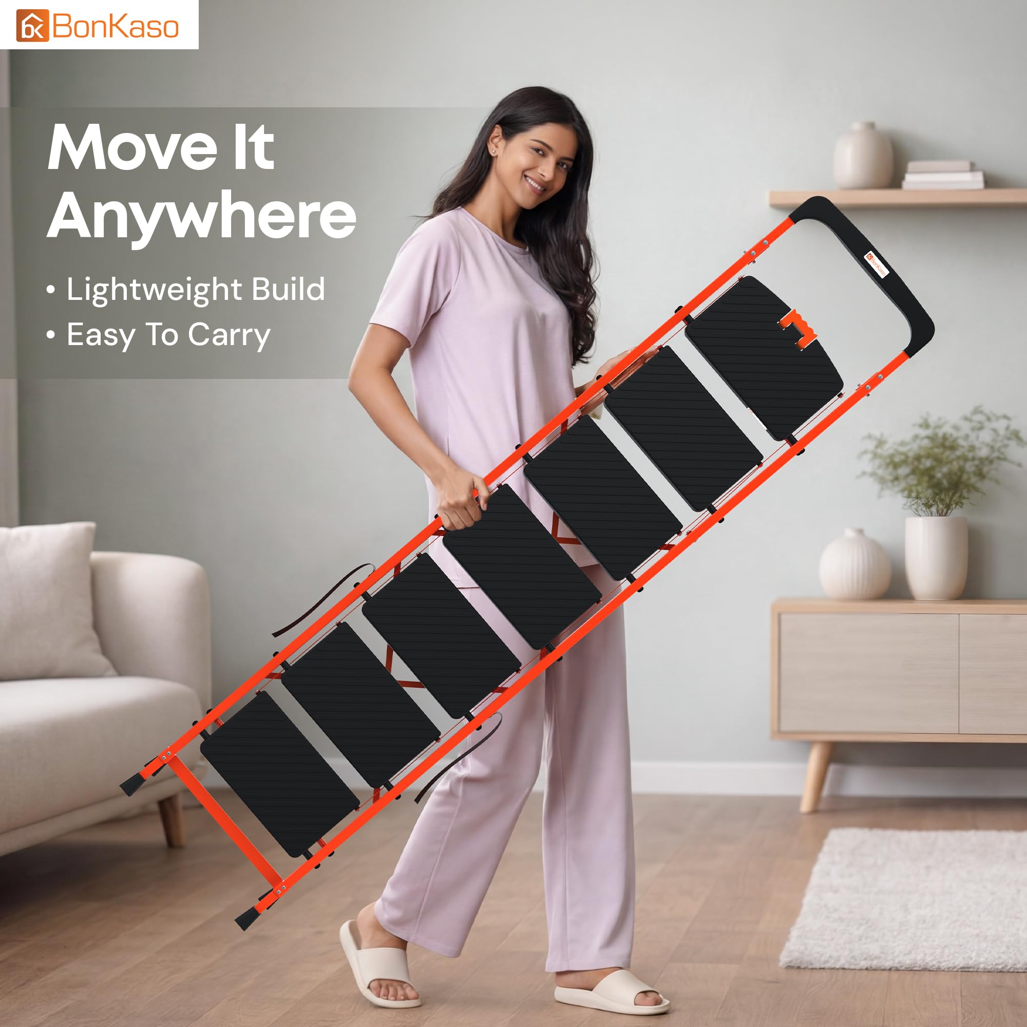 BonKaso Climb Easy 7 Step Foldable Steel Kitchen Ladder for Indoor & Outdoor use with Safety Clutch Lock, Anti-Slip Wide Durable Plastic Steps, Support Handle & Tool Tray (Orange & Black) — Amazon image 8