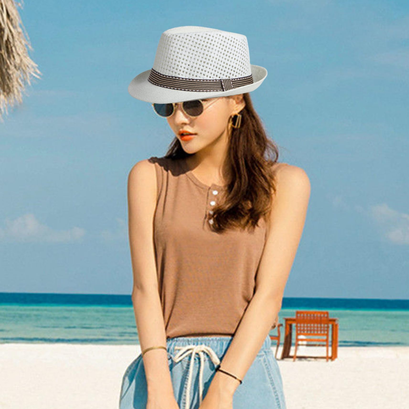 Kubanischer Hut atmungsaktiv strukturierter Stroh Fedora Hüte mit schweißabsorbierendem Liner Rustikal Packbares Fedora-Hüte für Männer, vielseitiges Außenzubehör im Freien für Sommerstrand, Fedora-H