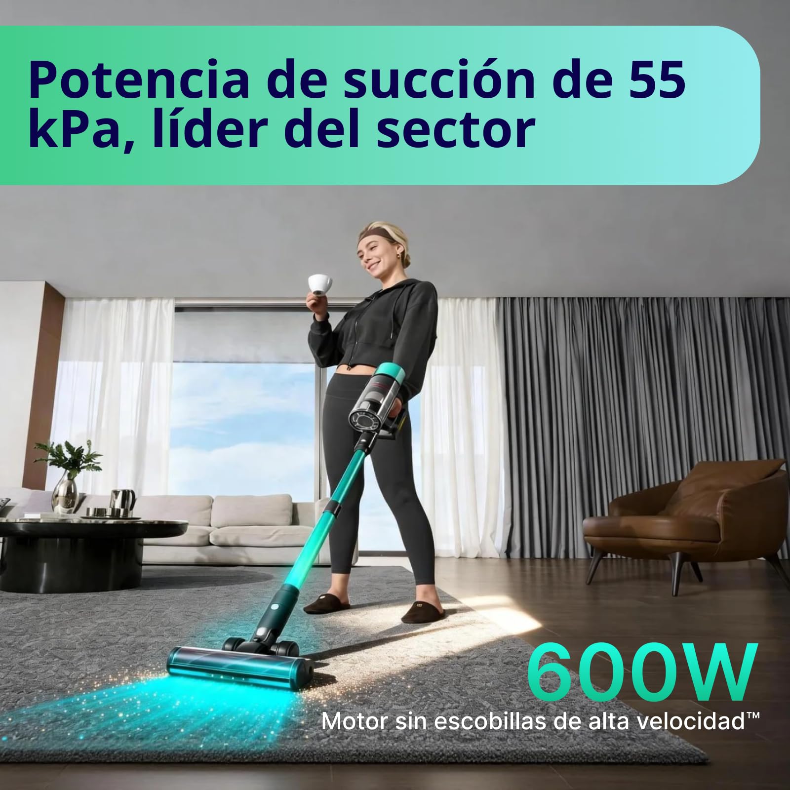 V5 Pro Aspiradora sin Cable, 55 kPa/600W/80 Min,manguera flexible de 1 m | Aspirador escoba con modo AUTO, 1.5L, filtro HEPA y sistema antienredos para suelos y mascotas