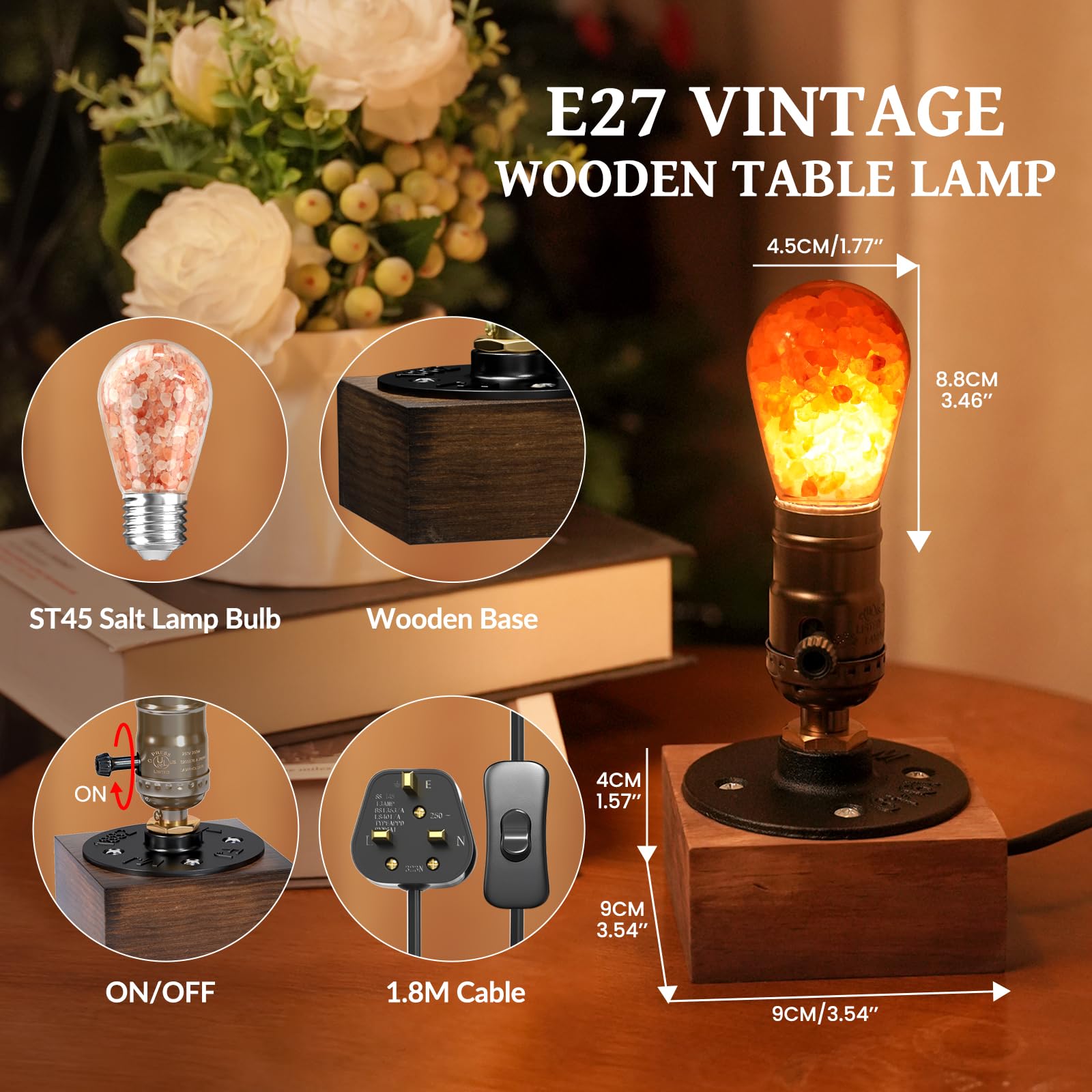 Luxvista E27 Table Lamp Base Industrial, Vintage Lamp with Himalayan Glow Salt Lamp Bulb - Image 4