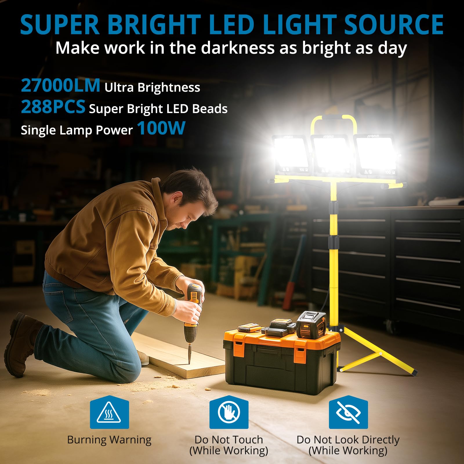 AUTOUTLET Reflektor budowlany LED ze statywem, 3 x 100 W, 27000 lm, lampa robocza z 3 trybami temperatury barwowej, regulowany statyw i kabel zasilający 5 m, wodoszczelny, IP66, zdejmowana lampa
