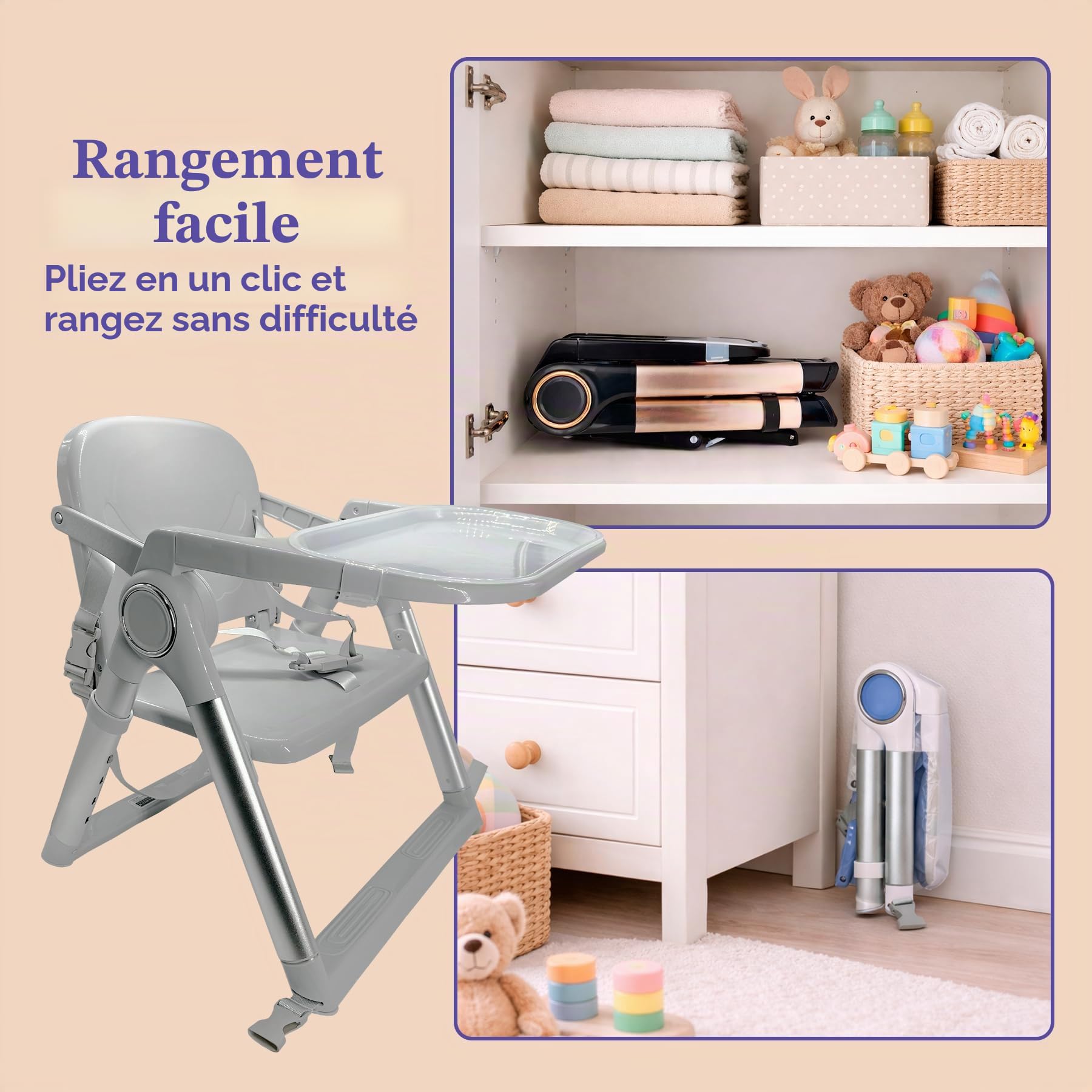 Chaise Haute Bébé Portable Pliable 2 en 1, Rehausseur de Chaise avec Sangles de Fixation, 4 Hauteurs Réglables, Plateau Amovible, Sac de Transport, 6-36 Mois jusqu’à 15 kg (Gris + Argent)