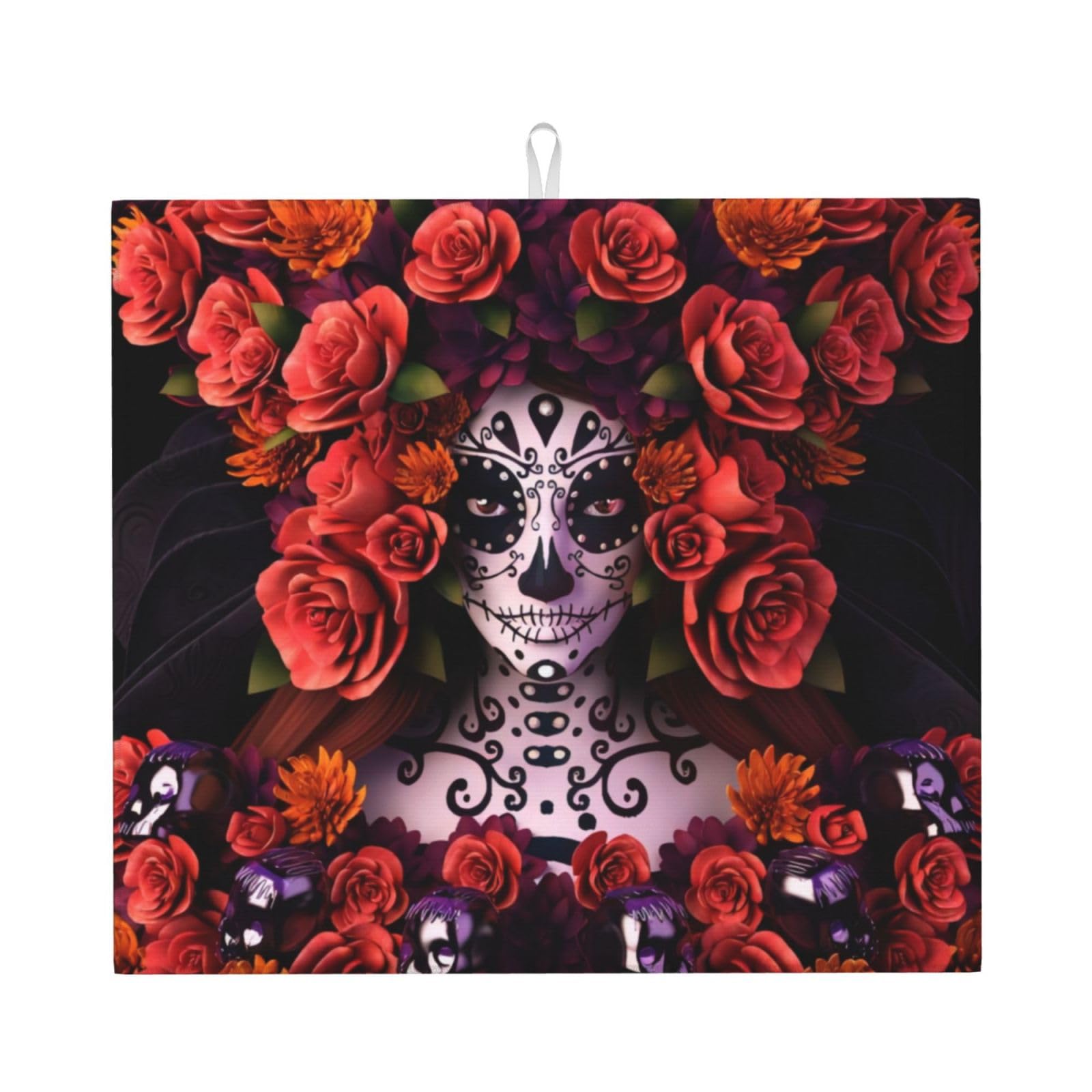 Yyhwhjde Black Day Of The Dead Sugar Roses Skull Prints Kitchen Drying Mat – Absorbent Dish Throw For Countertop, Non-Slip Layer With Vibrant Prints, Ideal For Housewarming