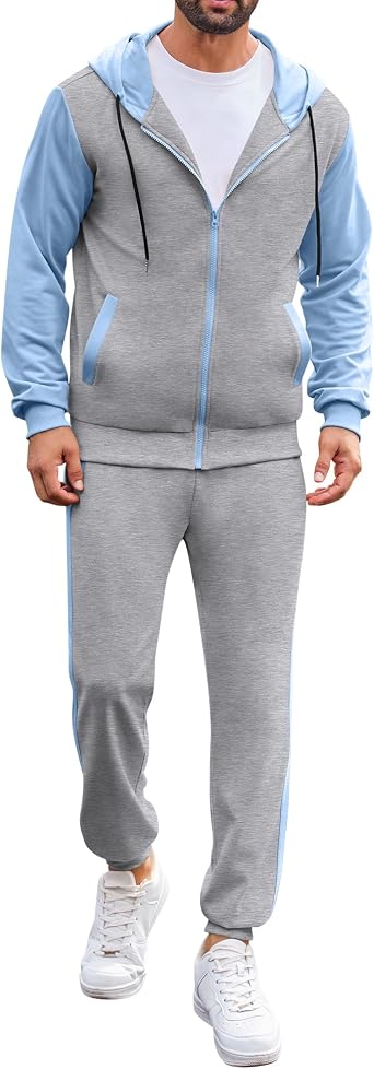 Babioboa Mens Tracksuit 2 Piece Full Zip Set Fleece Sweatsuit Color Block Hooded Jacket and Sweatpant Set Jogging Suit