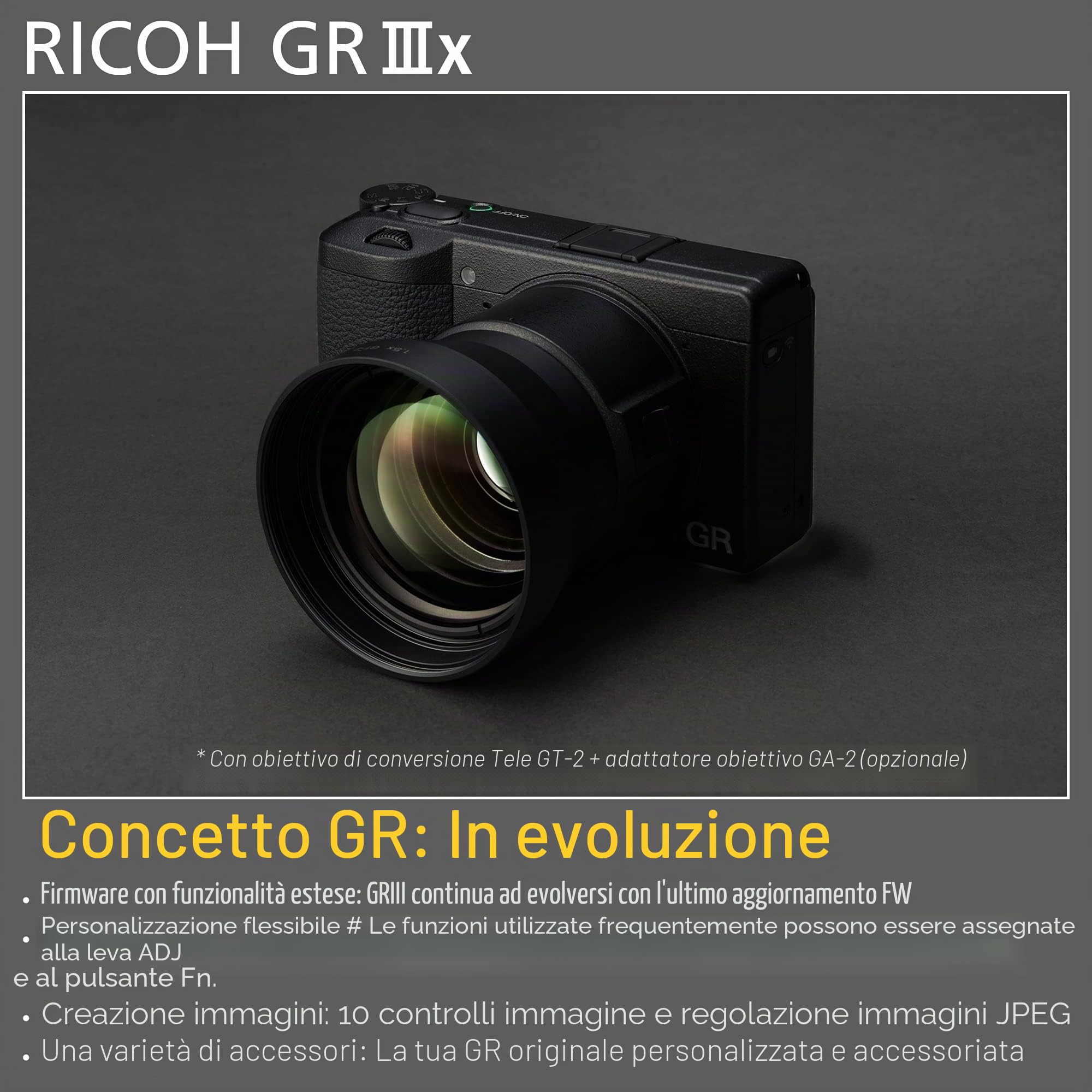 Fotocamera digitale Ricoh GR IIIx [Lung. f. 40 mm] [Dotata di sensore CMOS da 24,2 M APS-C ] [La fotocamera istantanea per eccellenza] [Avvio in circa 0,8 secondi] [AF ad alta velocità]