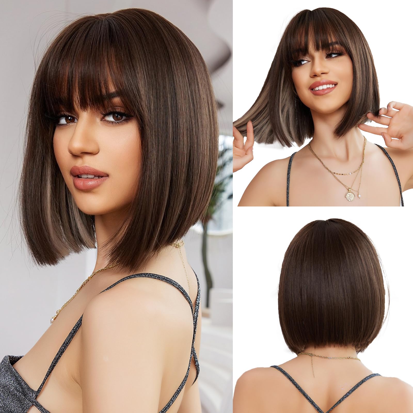 OUFEI Brown Bob Wigs for Women Short Straight Wig with Bangs Synthetic Hair Heat Resistant Wigs for Daily Party Cosplay Wear