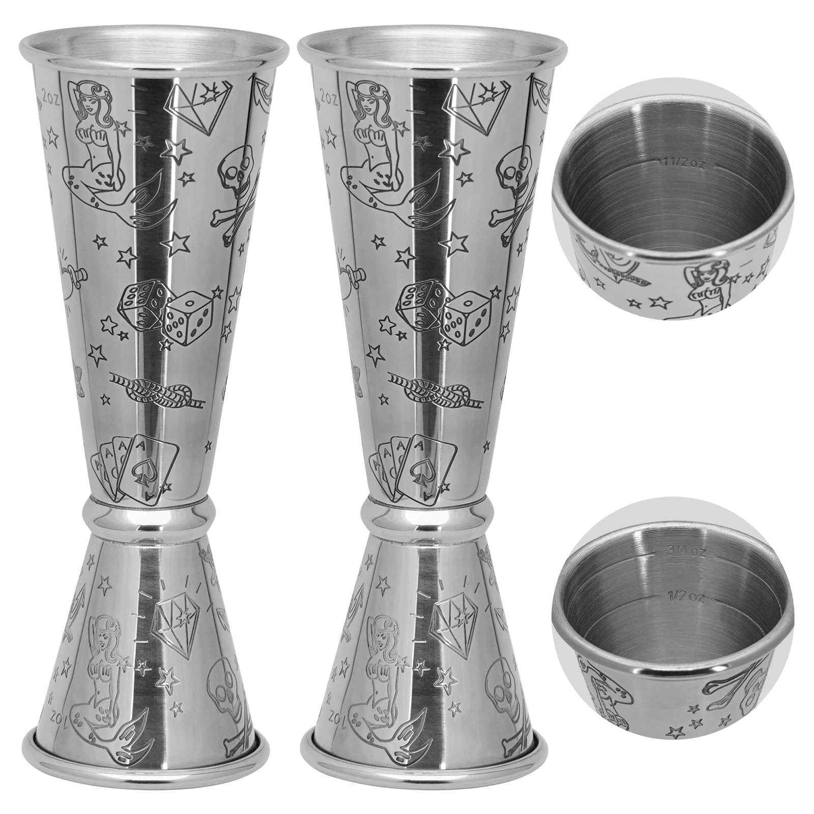 2Pcs Japanese Jigger for Bartending,Cocktail Jigger 2 OZ 1 OZ with Measurements Inside,Premium 304 Food Grade Stainless Steel Bar Jigger Bartender Tool Accessories (Elf, 2/1 oz)