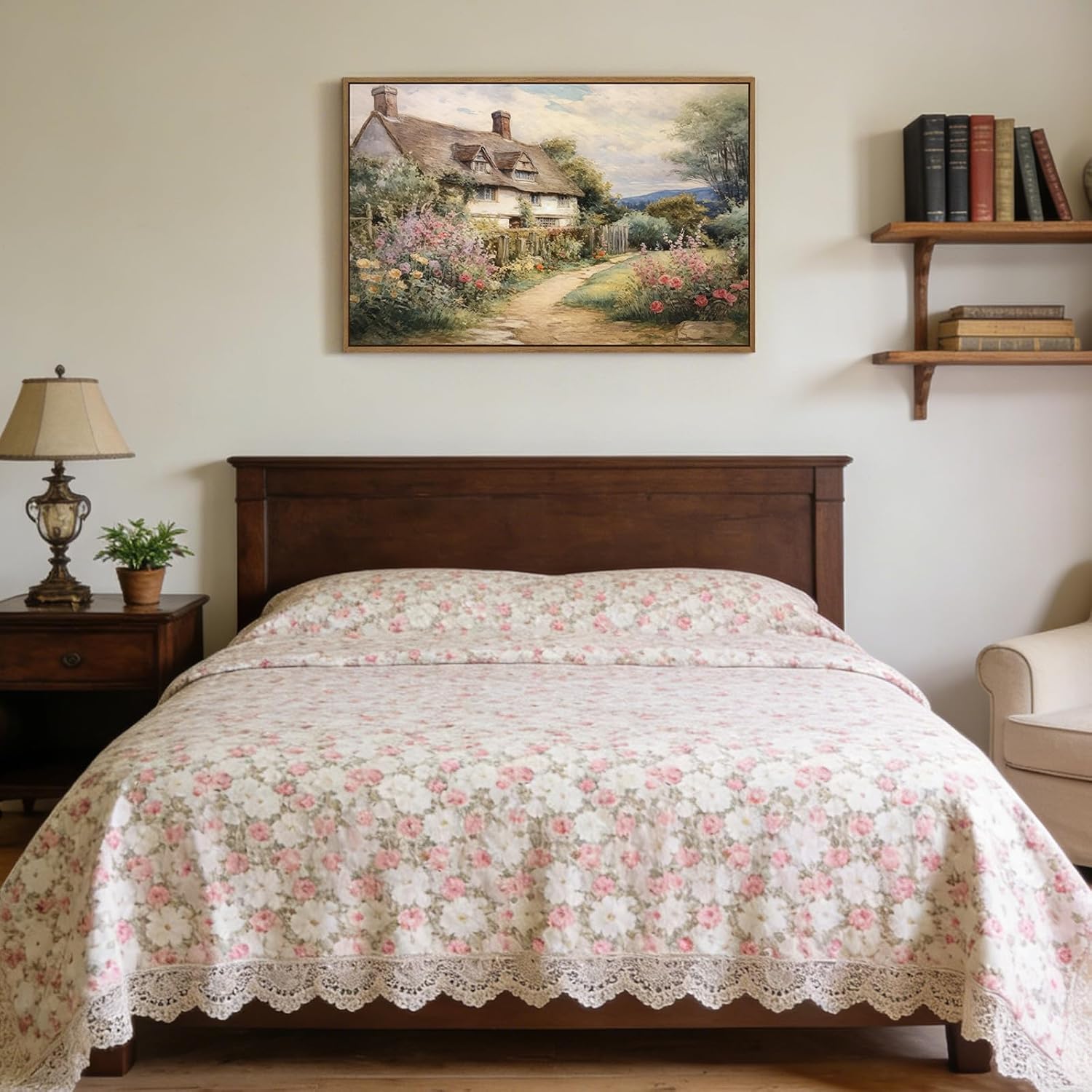 Vintage Cottage Garden Canvas Wall Art Country Landscape Art Prints Rustic Oil Painting Village Pictures Aesthetic Artwork Framed Wall Decor for Living Room Bedroom Farmhouse Office Decor, 16x24 inch