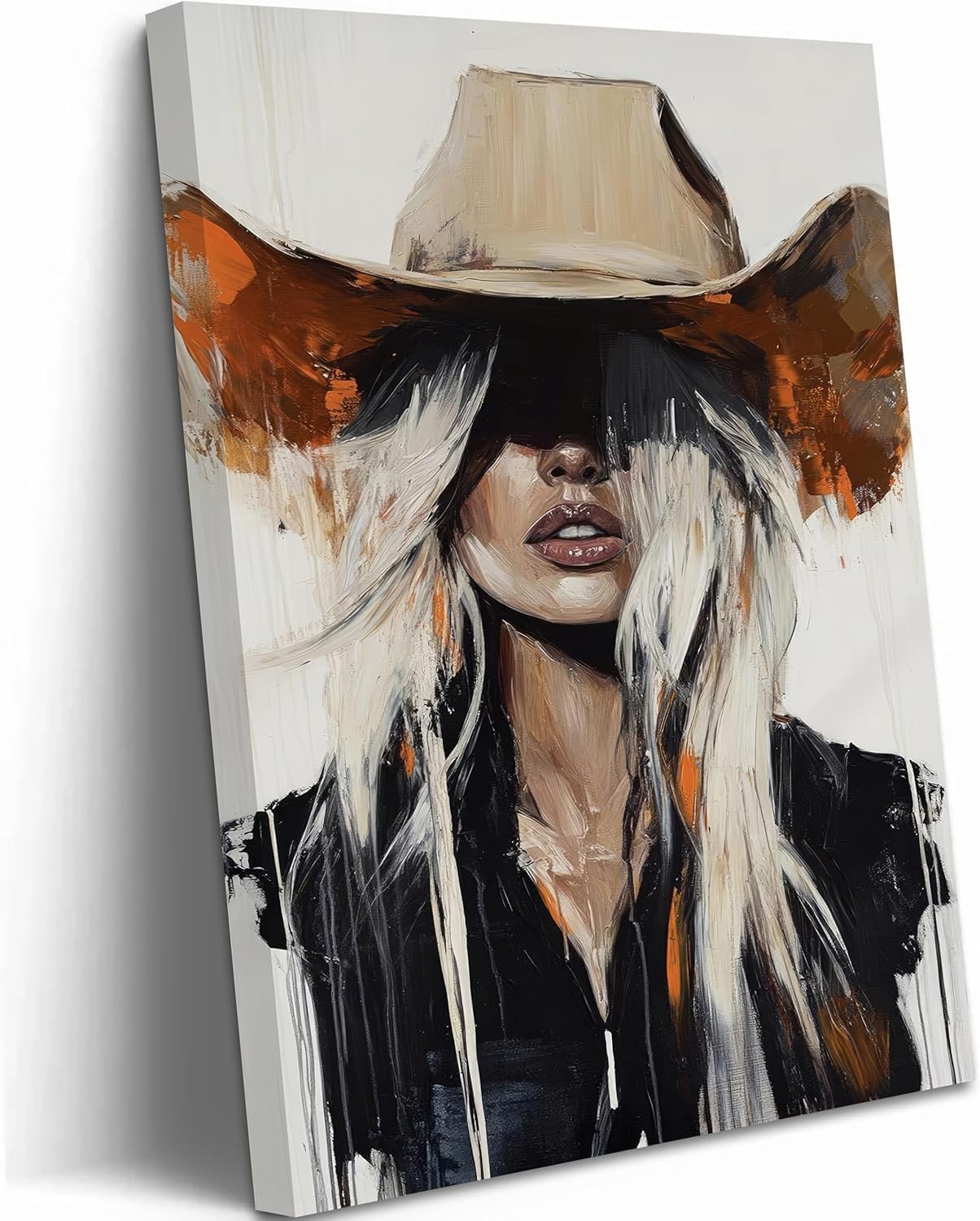 Abstract Western Cowgirl Canvas Wall Art Blonde Woman in Cowboy Hat Picture Wall Decor Modern Southwest Farmhouse Rustic Country Girl Posters Painting Prints Artwork for Girls Room Bedroom Dorm Decor