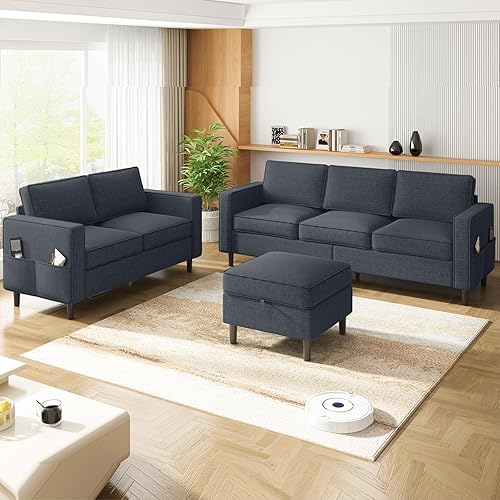 Living Room Sofa Sets 2 Piece, Modern 3 Seater Sofa with Storage Ottoman and Loveseat Sets, Linen Fabric L Shaped Sectional Couch + 2-Seat Sofa Sets for Living Room, Apartment