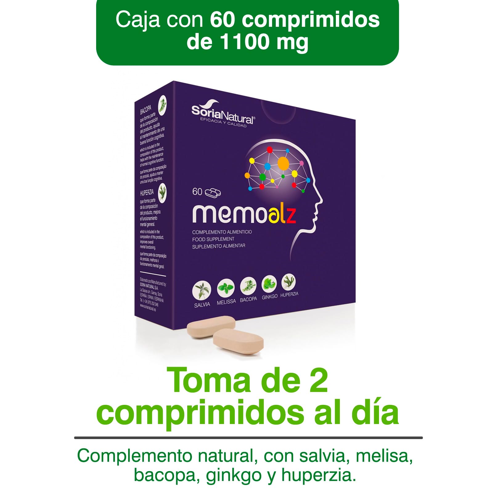 Soria Natural - MEMOALZ - Complemento alimenticio - Mejora la memoria y favorece la concentración - 60 comprimidos - Extracto de Salvia