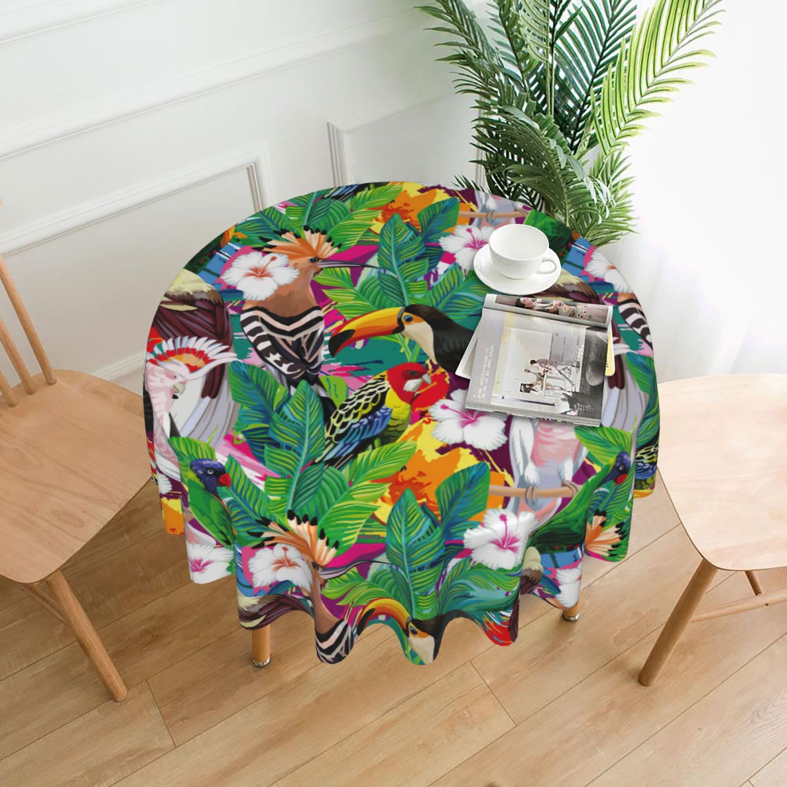 SDEGTHO Tropical Birds and Plant Leaf Print Modern Retro Round Tablecloth 60in Polyester Fabric Cover for Party Dining Table Washable