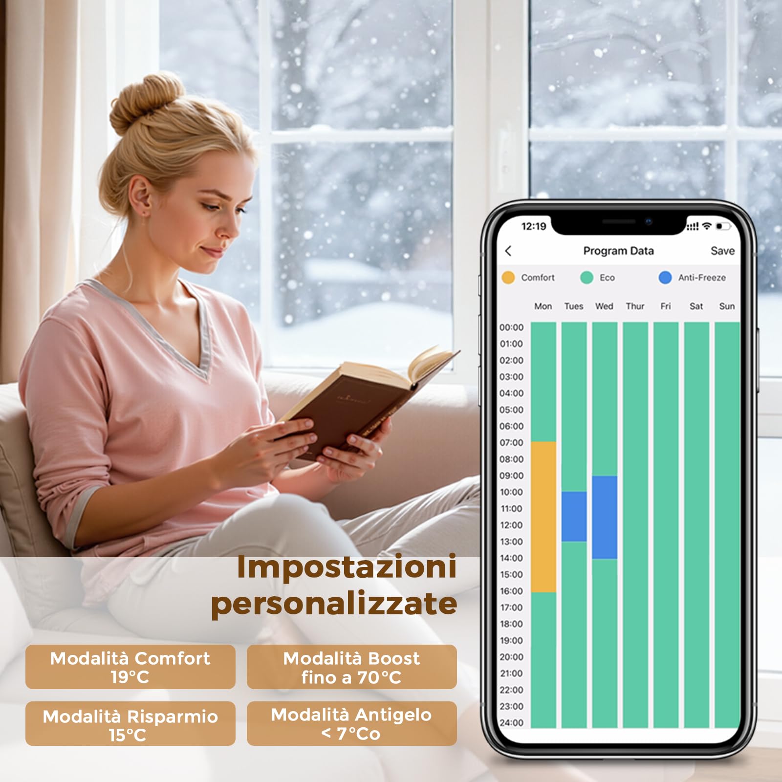 S'AFIELINA Resistenza Elettrica per Scaldasalviette 900W con Termostato | Resistenza per Termosifone Bagno in Acciaio Inox, WiFi, Timer Programmabile, Temperatura Regolabile, Bianco