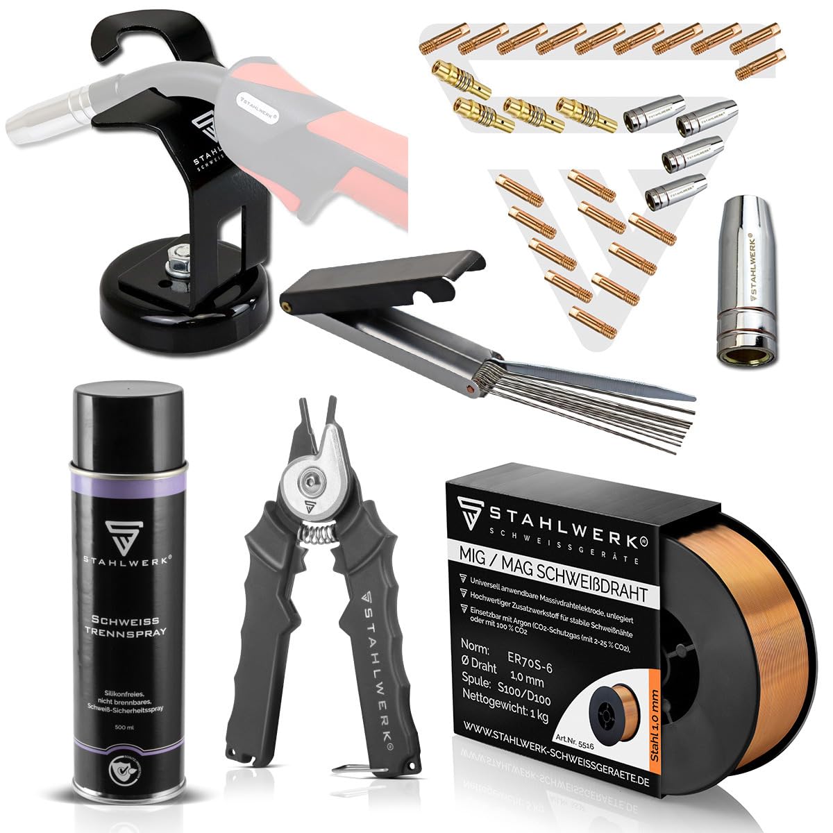 MIG MAG AK15/MB15 Starter Set, MIG MAG Schweißdraht, 15AK/15MB Verschleißteile Set, Brennerhalter mit Magnetfuß, Super Pistolenspray, Düsenzange und Düsenreiniger mit Feile