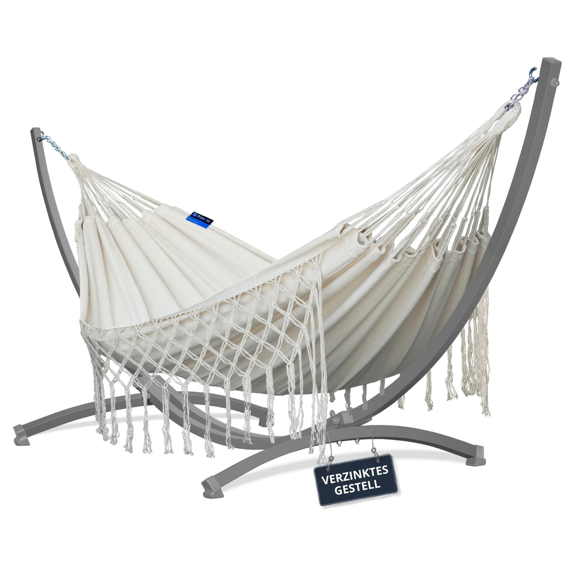 Potenza Medelin Boho - Hamaca para exteriores con estructura galvanizada para 2 personas, 100% algodón, hamaca doble, 230 x 160, 200 kg, estructura de hamaca de 220 kg, resistente a la intemperie