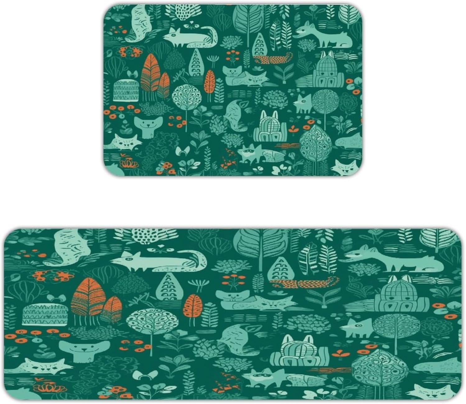 Green Animals Kitchen Mats with 2PCS Non-Slip Washable,Kitchen Rug Heavy Duty Durable, Floor Mats for Kitchen,Office,Sink,Laundry