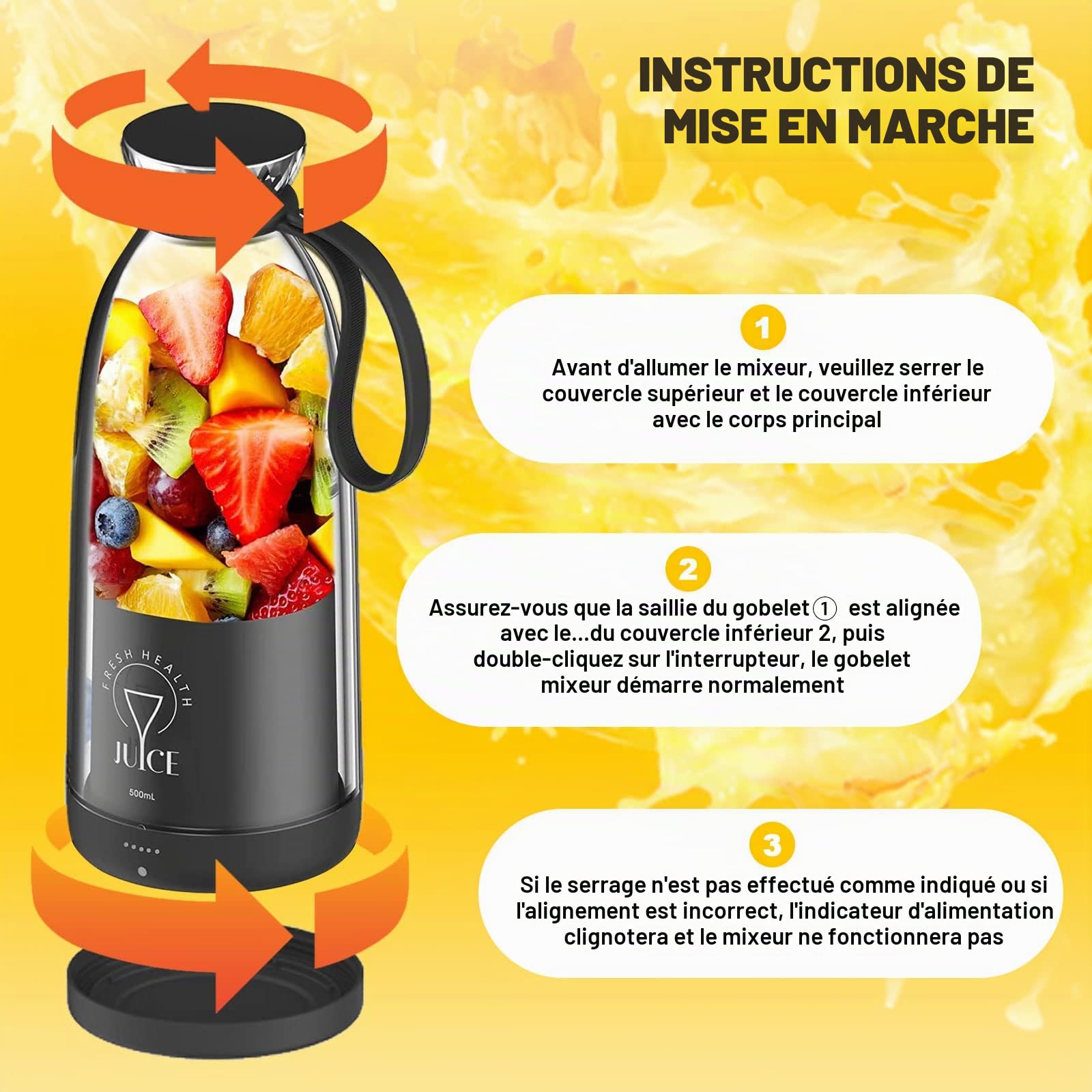 Smoothie Maker To Go Mixer, 500 ml, mixeur rechargeable portable, mixeur personnel multifonction avec 6 lames en acier inoxydable, bouteille de jus frais pour shakes, jus, smoothie, voyage