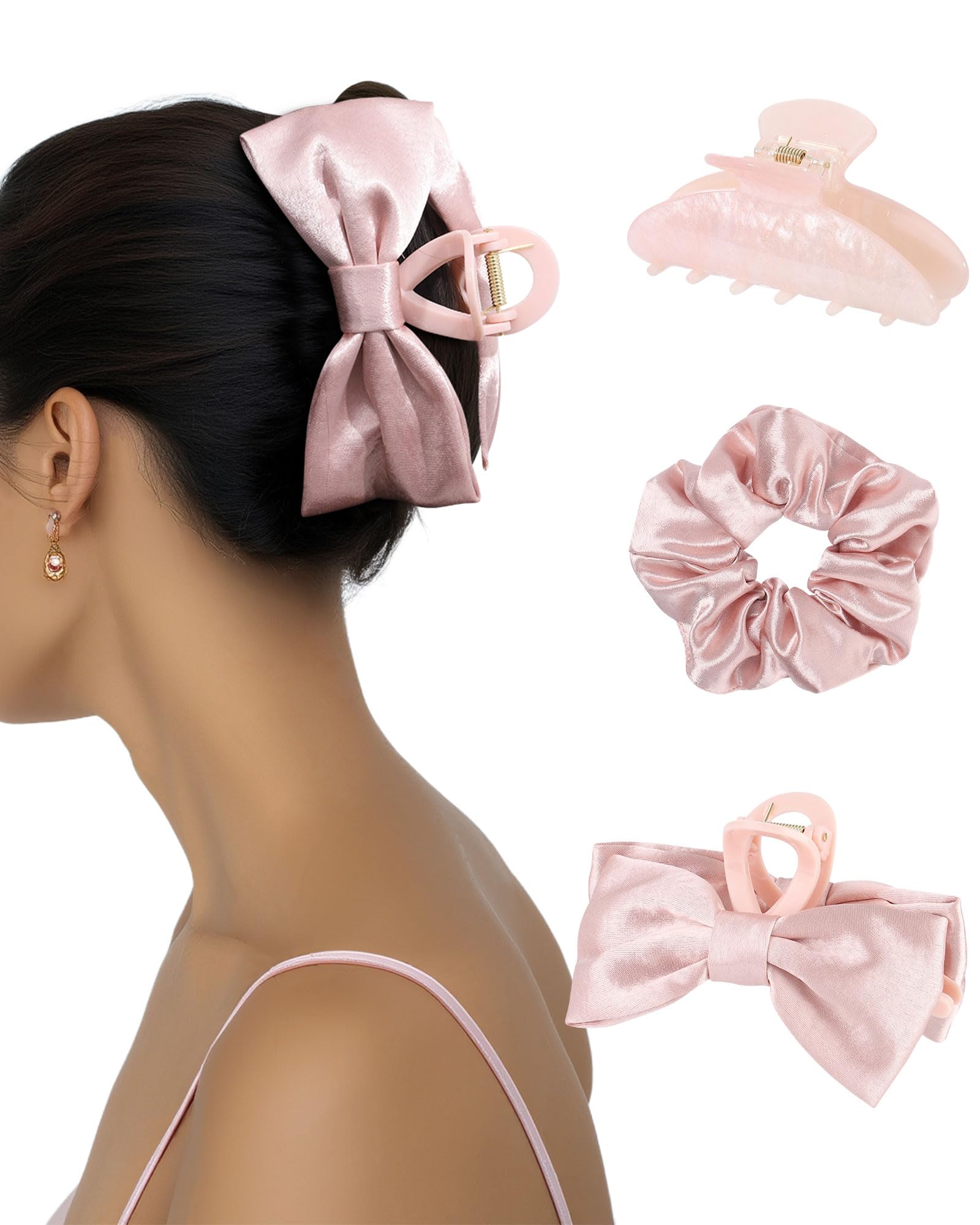 HAIMEIKANG 3 PCs Hair Bow and Acrylic Hair Claw Clips with Hair Scrunchies for Women and Girls, Strong Hold Non-slip Jaw Clips for Thick Thin Hair