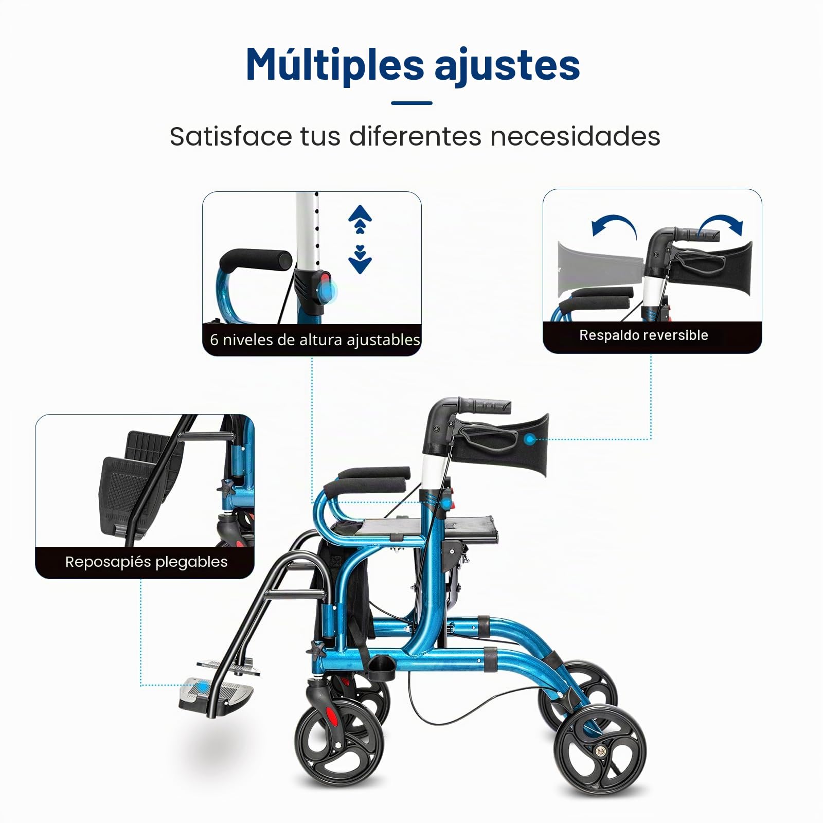 HOMASIS 2 en 1 Andador con Ruedas PVC para Ancianos, Andador Plegable con Asiento y Mangos de 6 Alturas Ajustables, Silla de Transporte, Marco de Aluminio, Hasta 160 kg (Azul)