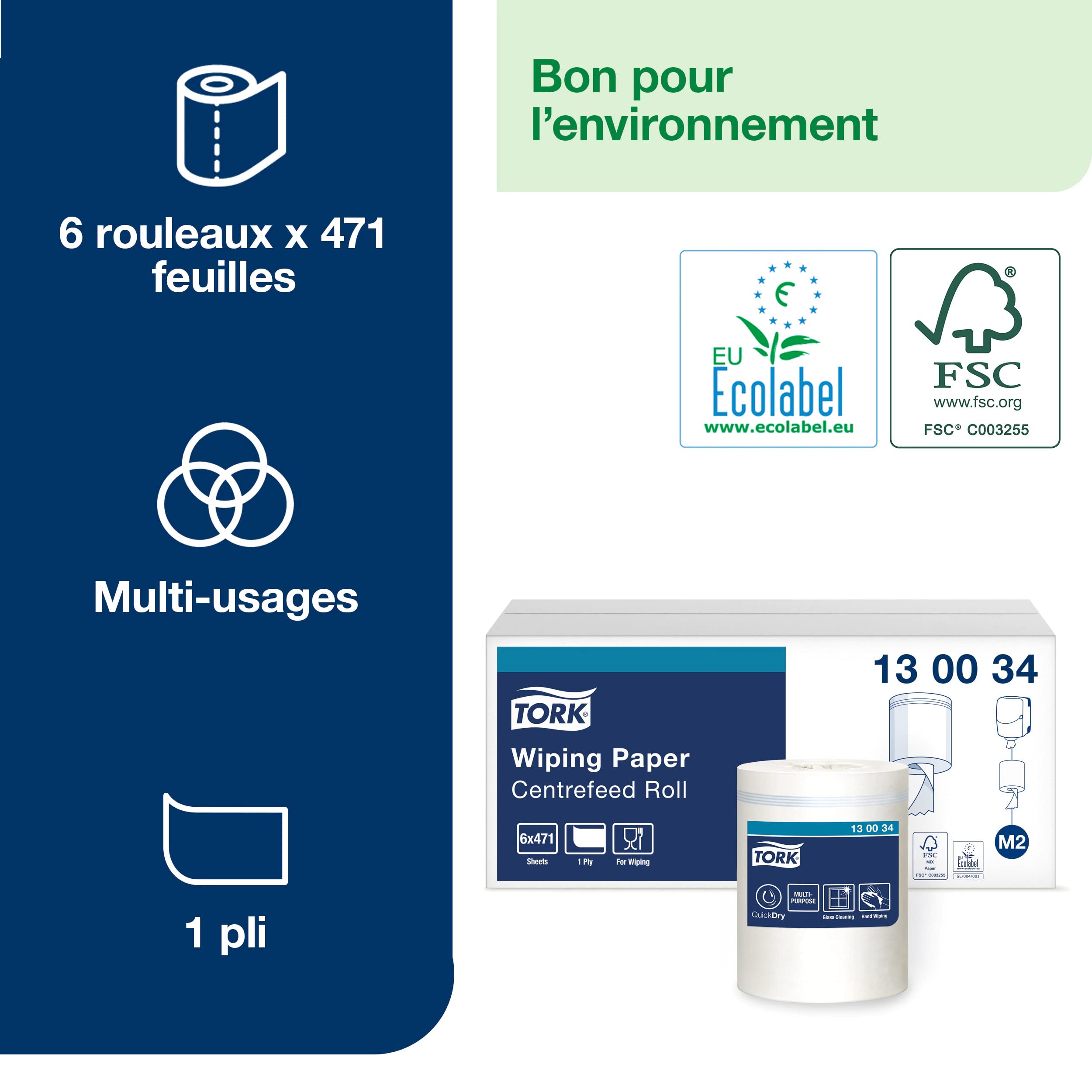 Tork Papier d'Essuyage à Dévidage Central blanc M2, absorbant, 6 x 471 feuilles, 130034