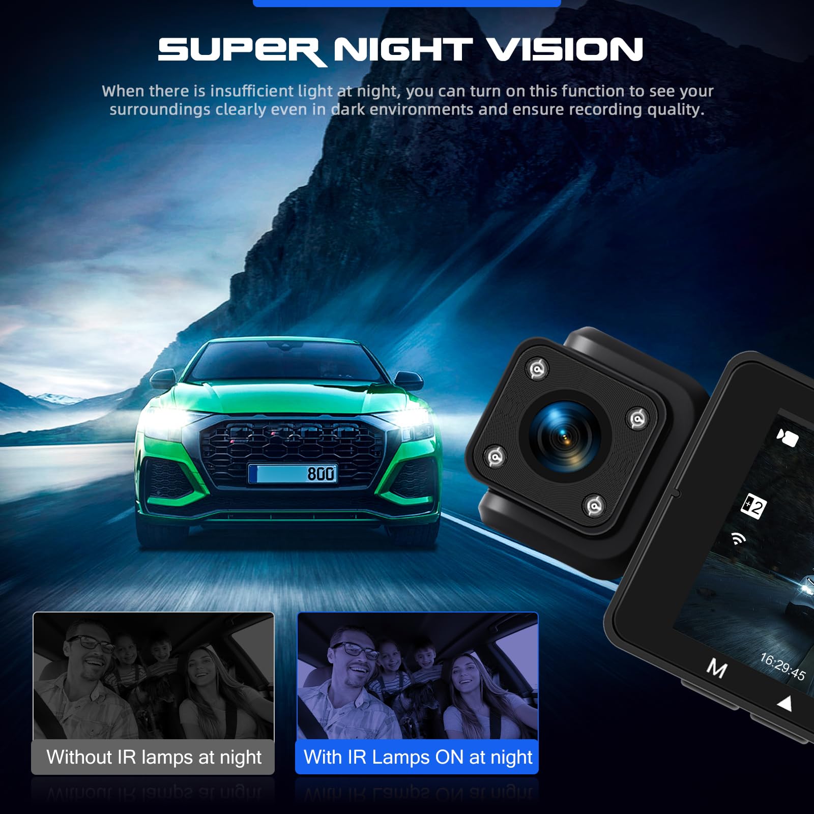 360 Degré 4 Canaux Tout Autour 1080P Car Dash Cam, 3 Pouces IPS Ecran avec WiFi/64GB/G-Sensor/Caméra Arrière/Mode Parking 24H/Vision de Nuit/Enregistrement en Boucle