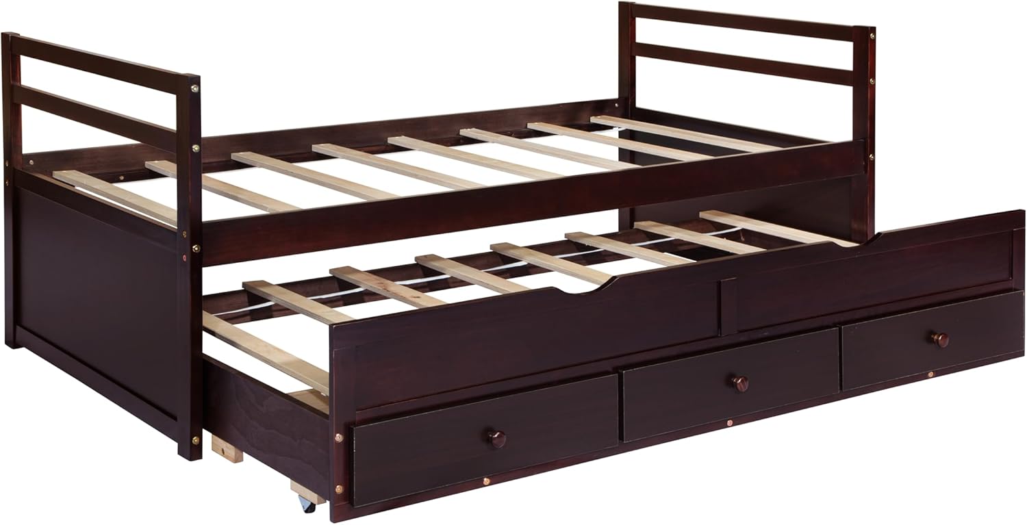 Christopher Knight Home Bacho Twin Size Bed with Headboard and Footboard, Trundle and Three Storage Drawers, Durable Pine Wood Bed with Hidden Organizer, Wood Slats Panel Support, Espresso