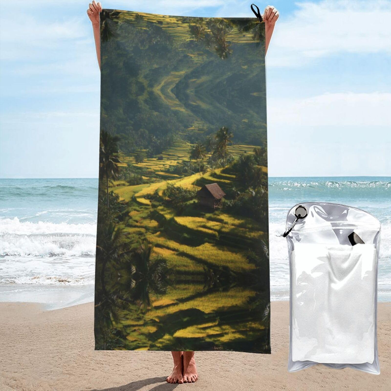 ESNAIUVCD Terraced Fields In Bali Print Beach Towel, Microfibre Sauna Towel, Quick-Drying Fitness Towel, Lightweight And Thin Portable Sauna Towel