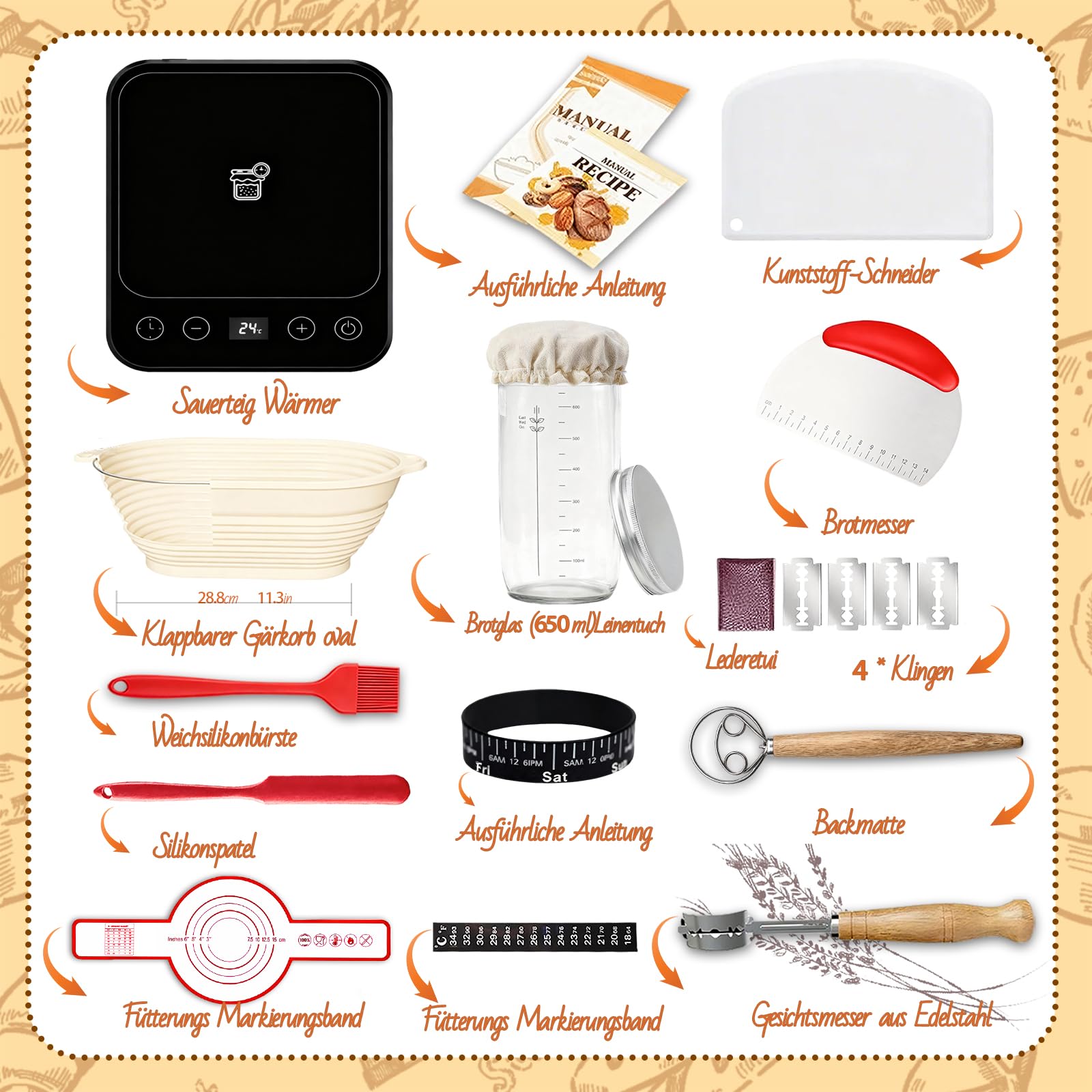 Daity Sourdough Kit de démarrage 12 Pièces Matériel de Cuisson Pain Température au Levain Panier Ovale Pliable de 28 cm pour Boulangers débutants et Professionnels