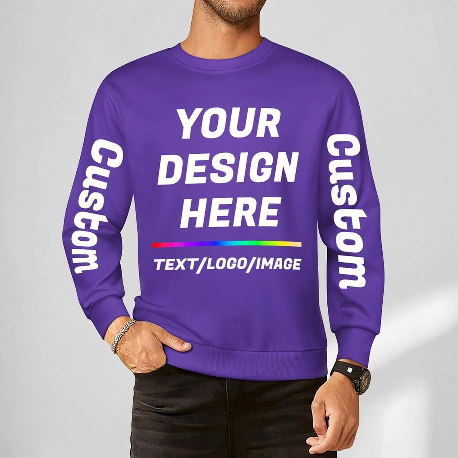 Custom Men's Crew Neck Sweatshirts, Personalized Pullover Midweight Casual Long Sleeve Shirts with Picture - Image 3