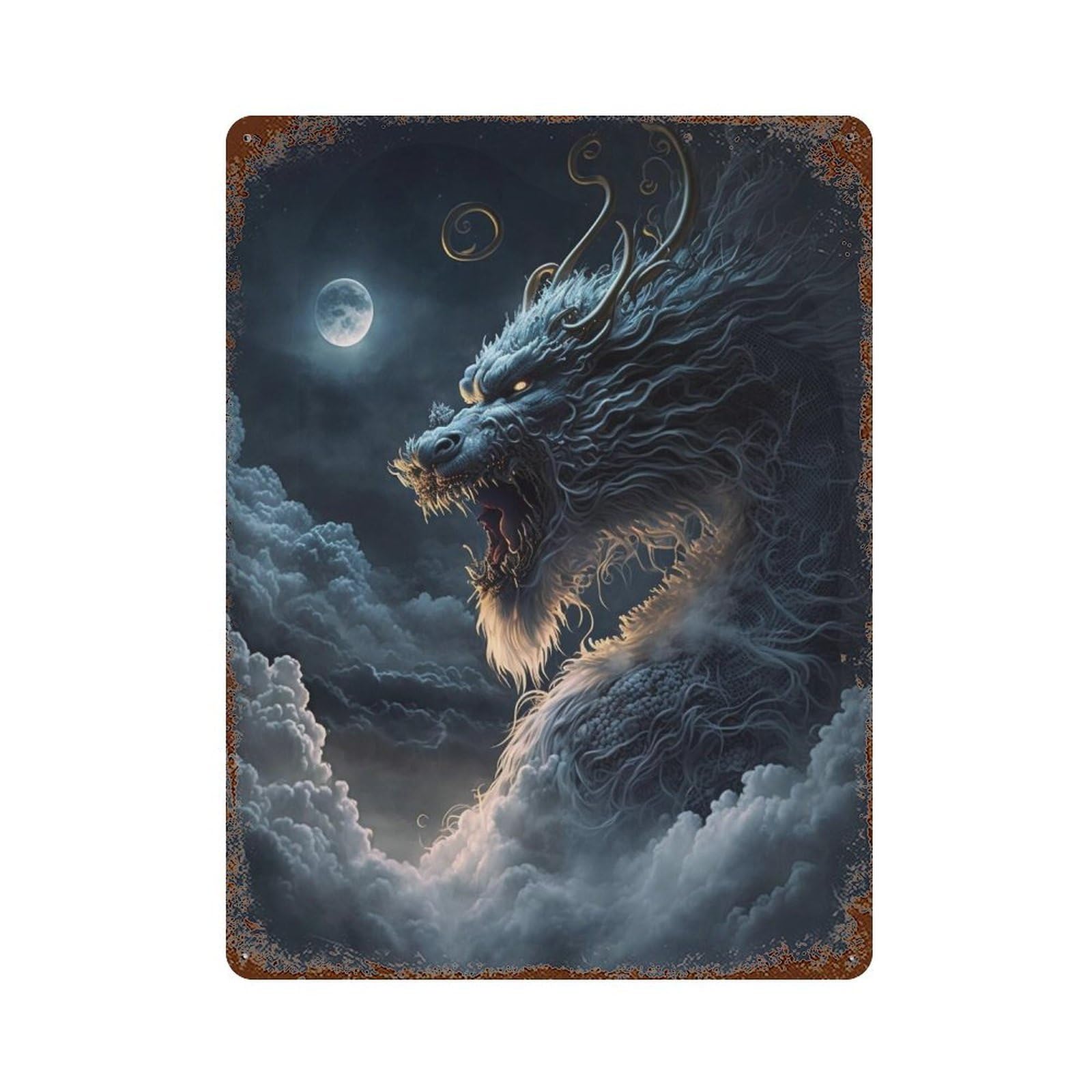 Dragon in Clouds with Moon Decorative Tin Sign 15.7"x11.8", Industrial Home Decor for Garage, Pub Or Kitchen
