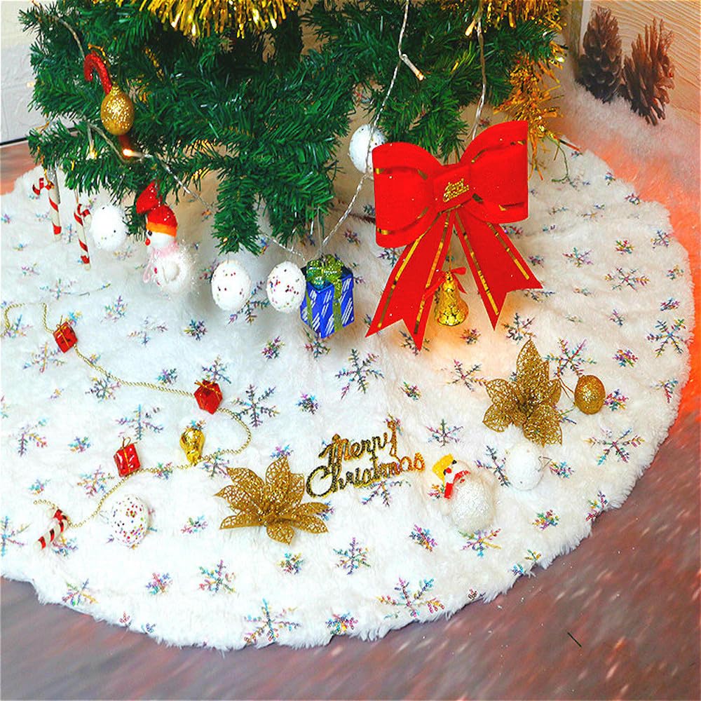 Coperta per albero di Natale, in peluche, bianca, rotonda, per albero di Natale, con fiocco di neve, per albero di Natale, vacanze, feste, decorazioni per pavimenti, 150 cm